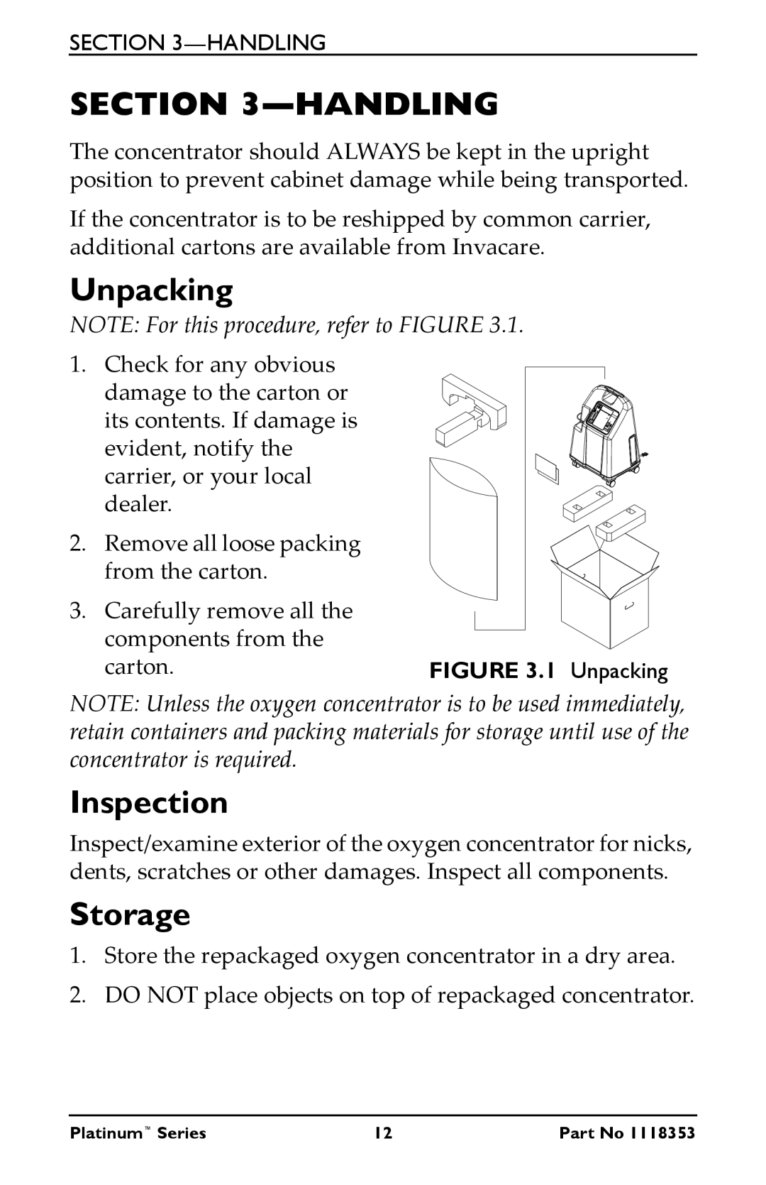 Invacare IRC5LX, IRC10LXO2 manual Handling, Unpacking, Inspection, Storage 