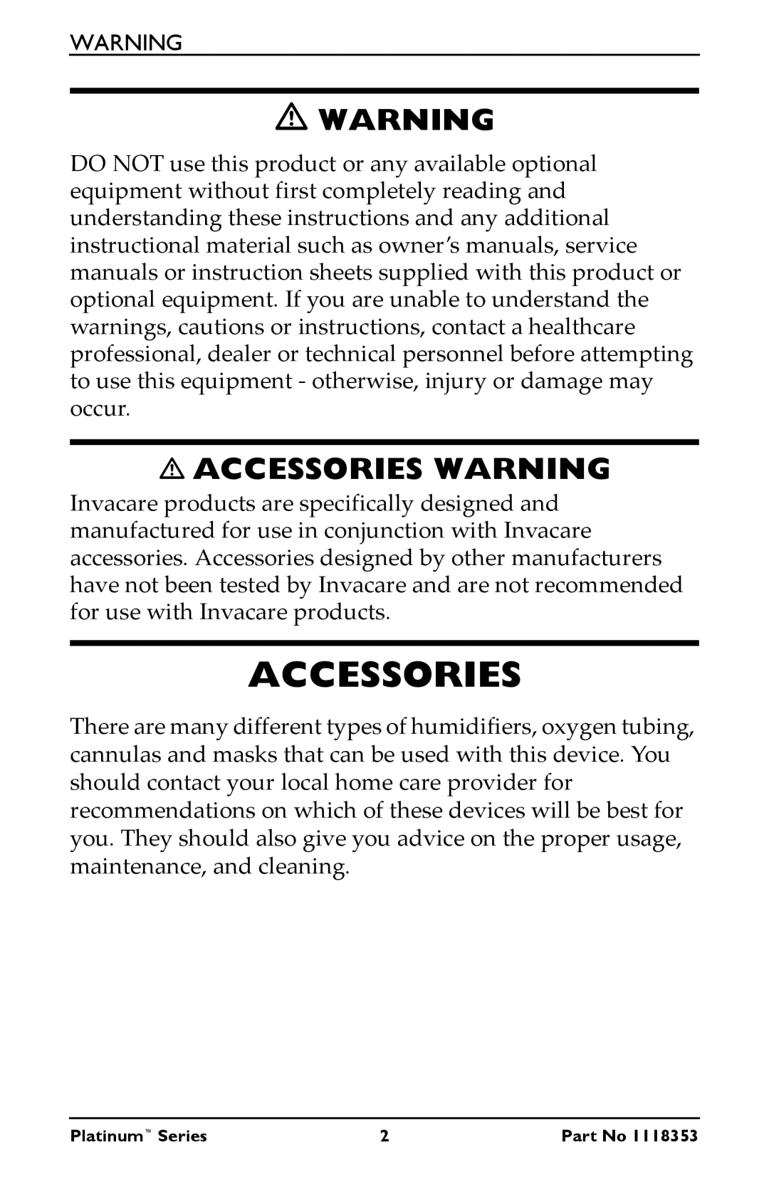 Invacare IRC10LXO2, IRC5LX manual Accessories Warning 