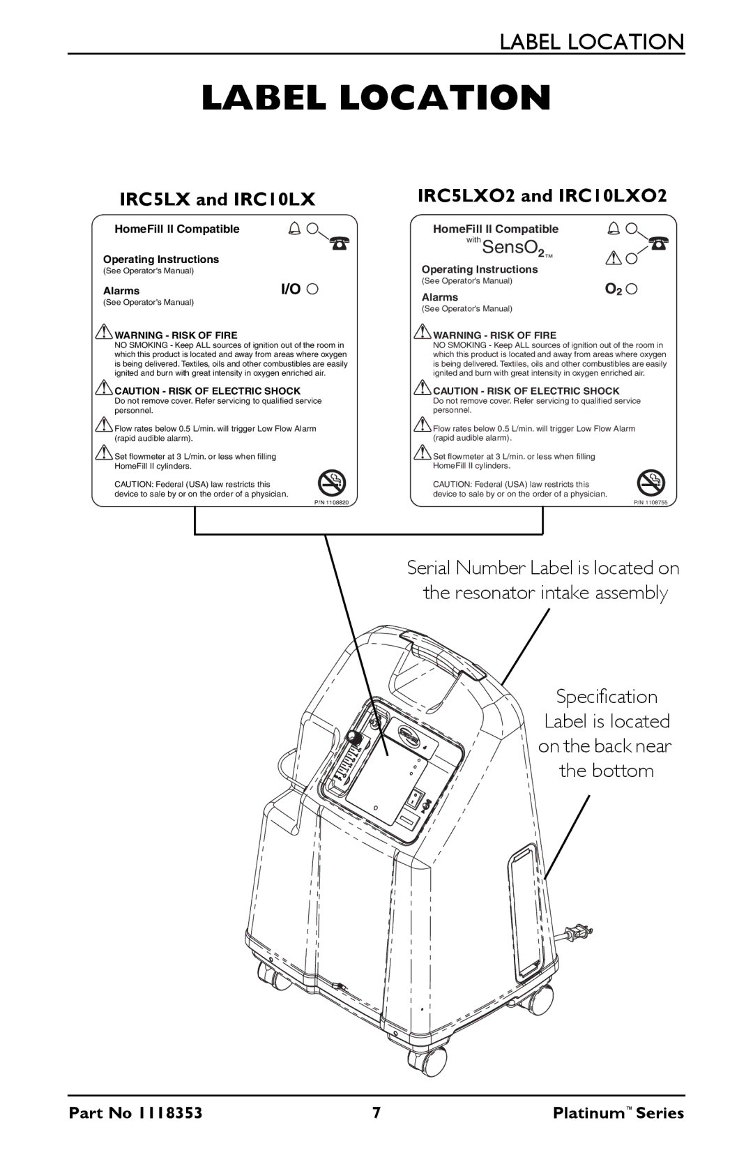 Invacare IRC10LXO2 manual Label Location, IRC5LX and IRC10LX 