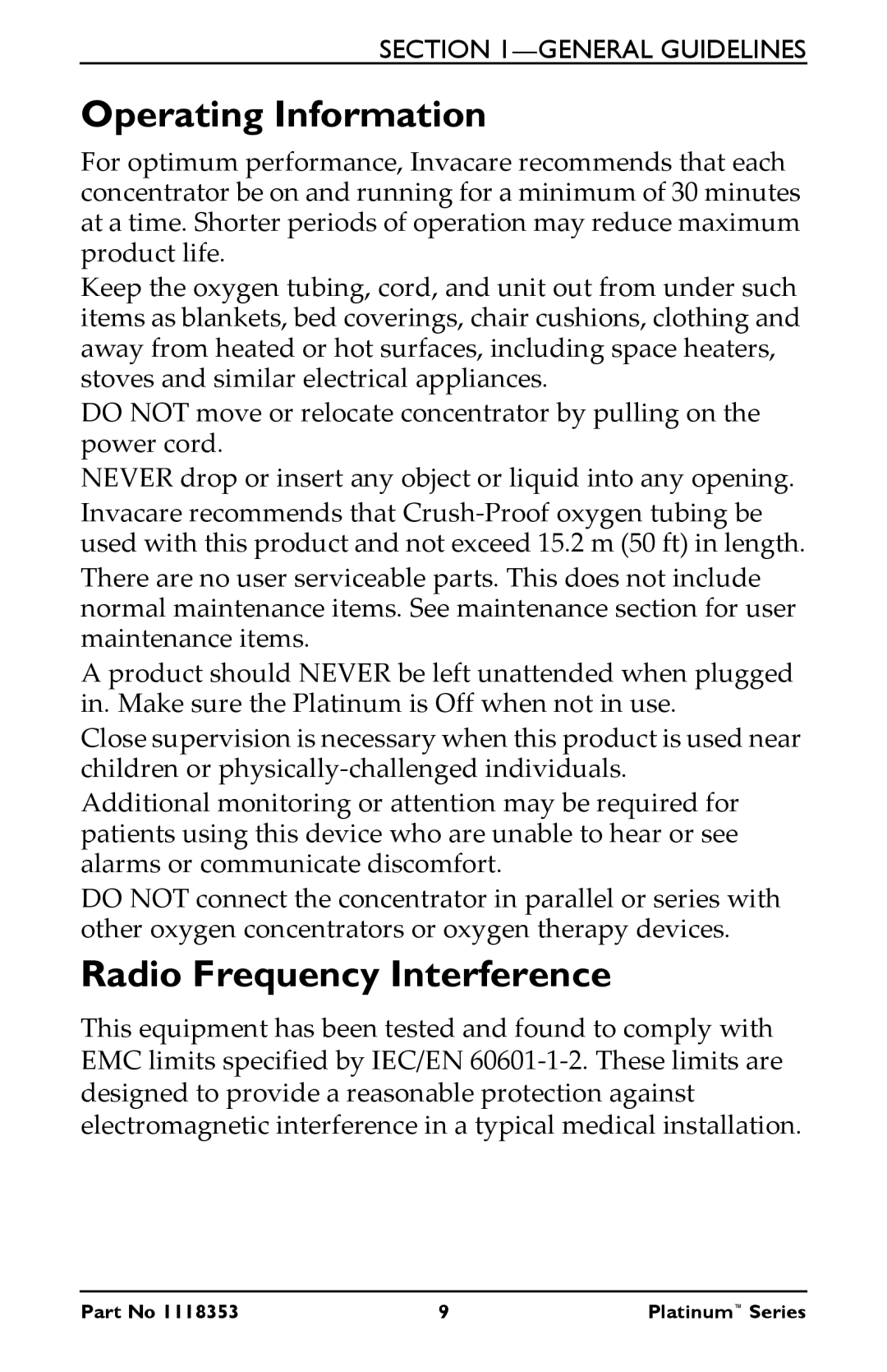 Invacare IRC5LX, IRC10LXO2 manual Operating Information, Radio Frequency Interference 