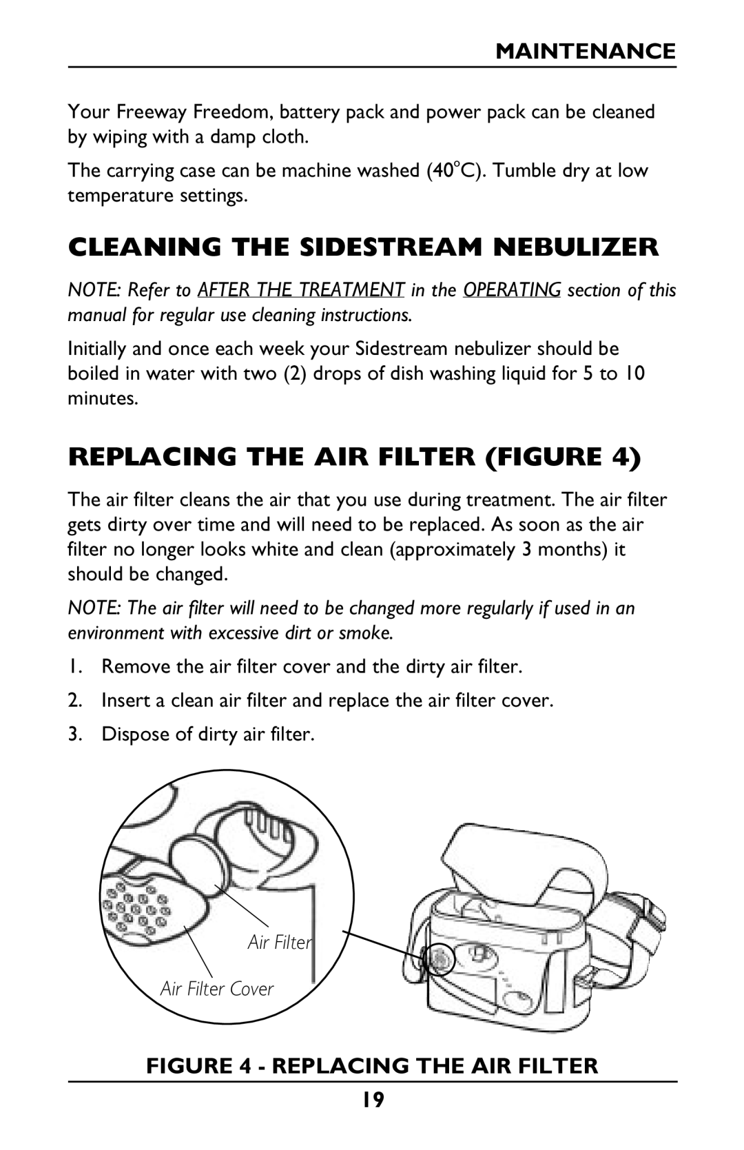 Invacare IRC1175 manual Cleaning the Sidestream Nebulizer, Replacing the AIR Filter Figure 