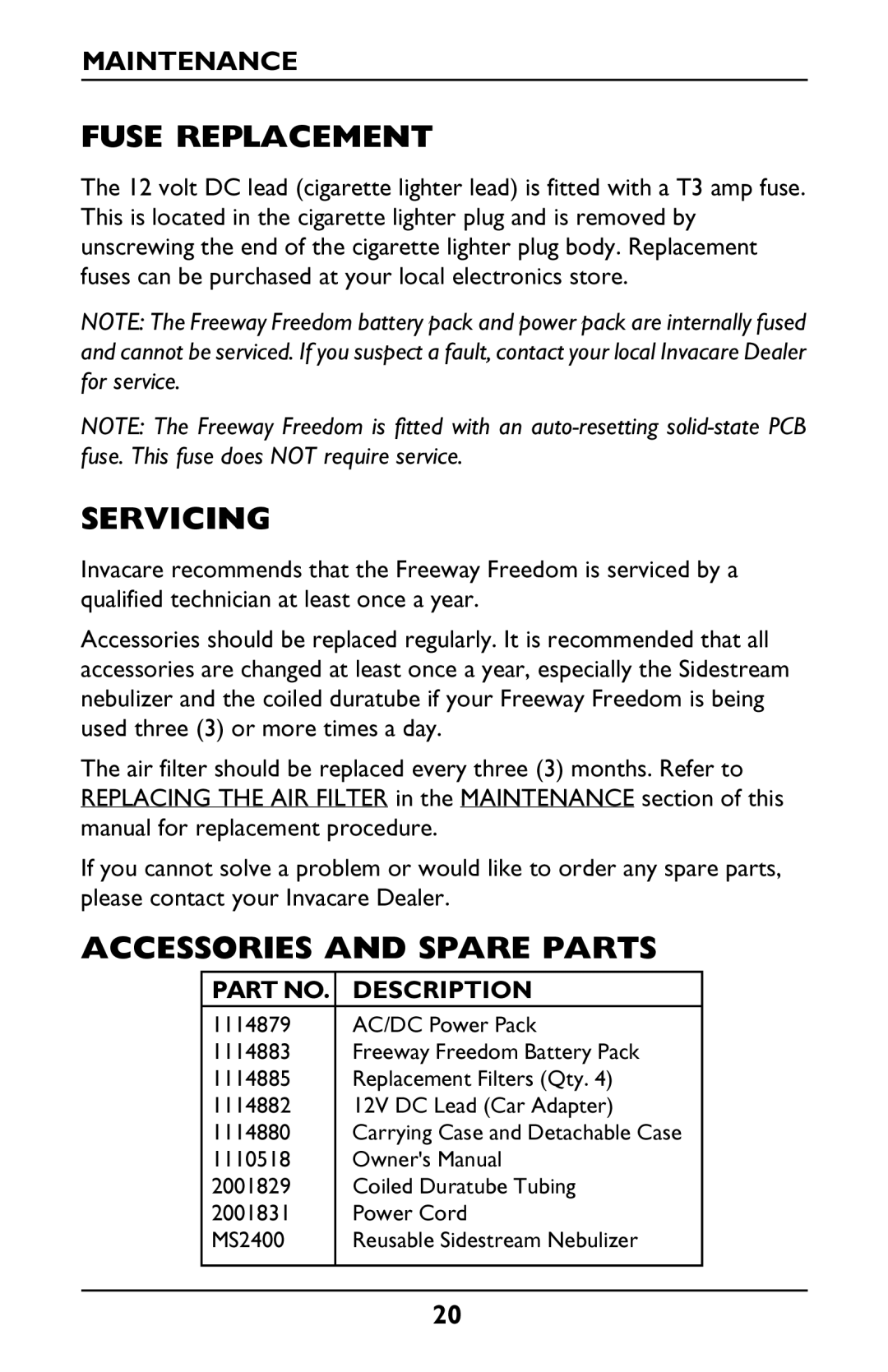 Invacare IRC1175 manual Fuse Replacement, Servicing, Accessories and Spare Parts 