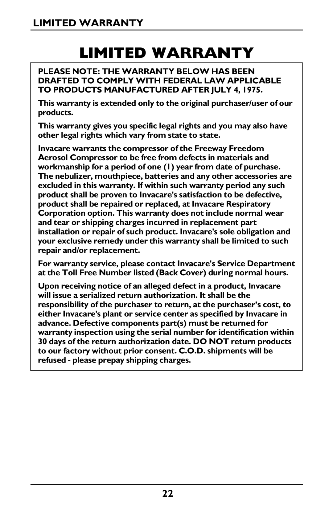Invacare IRC1175 manual Limited Warranty 