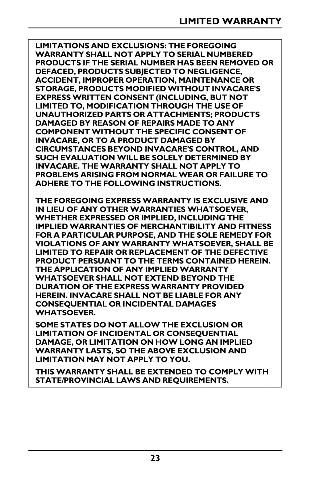 Invacare IRC1175 manual Limited Warranty 