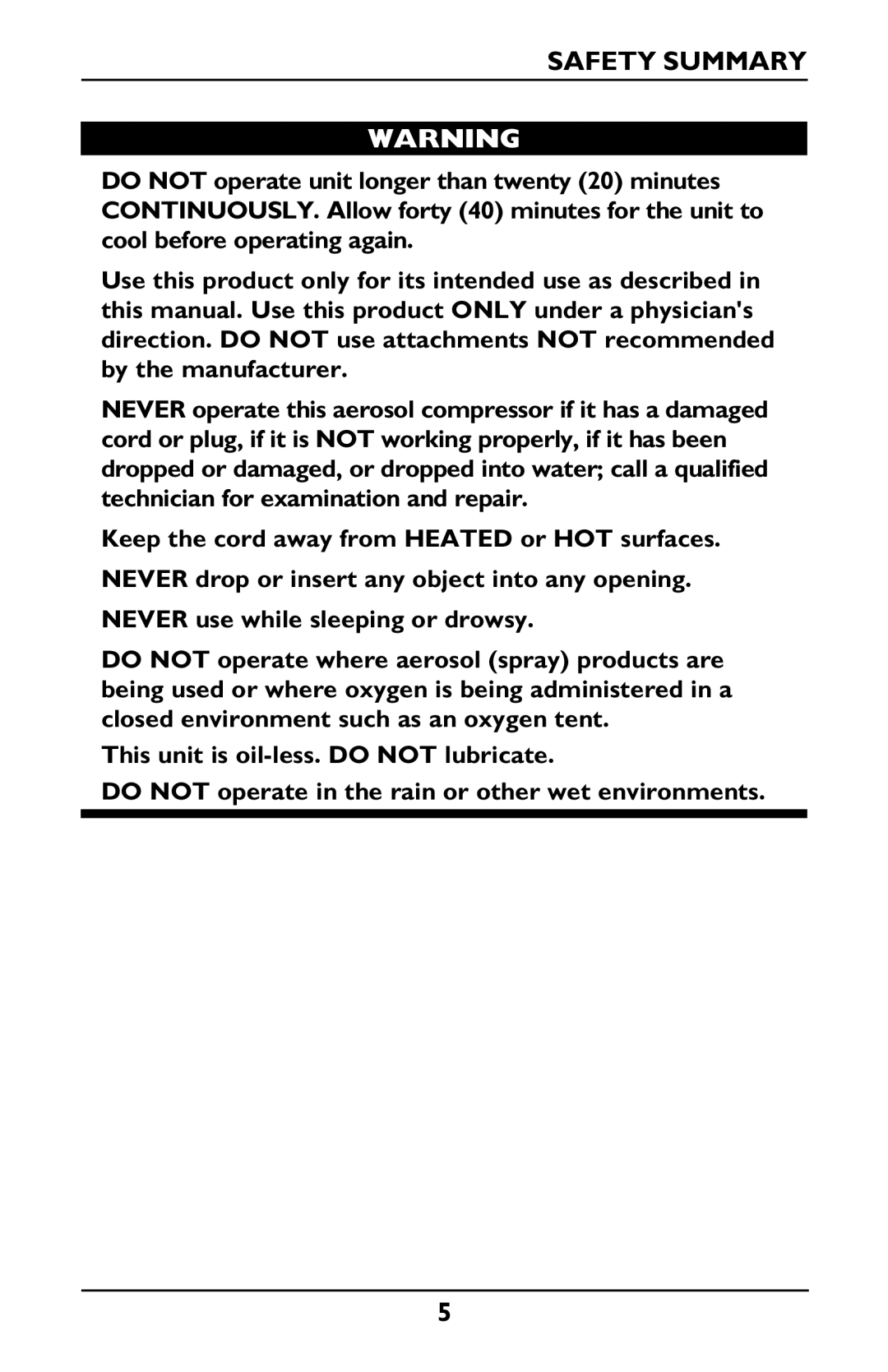 Invacare IRC1175 manual Safety Summary 