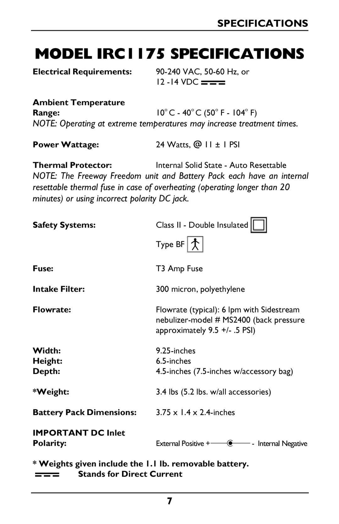 Invacare manual Model IRC1175 Specifications, Flowrate 