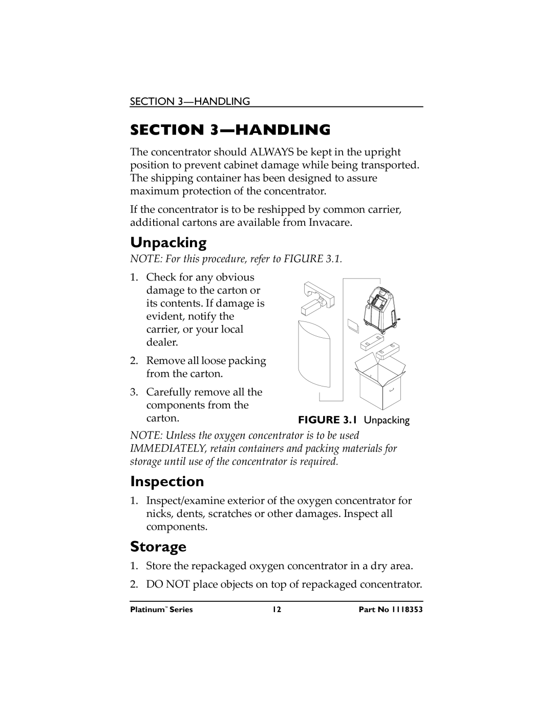 Invacare IRC5LXO2, IRC10LXO2 manual Handling, Unpacking, Inspection, Storage 