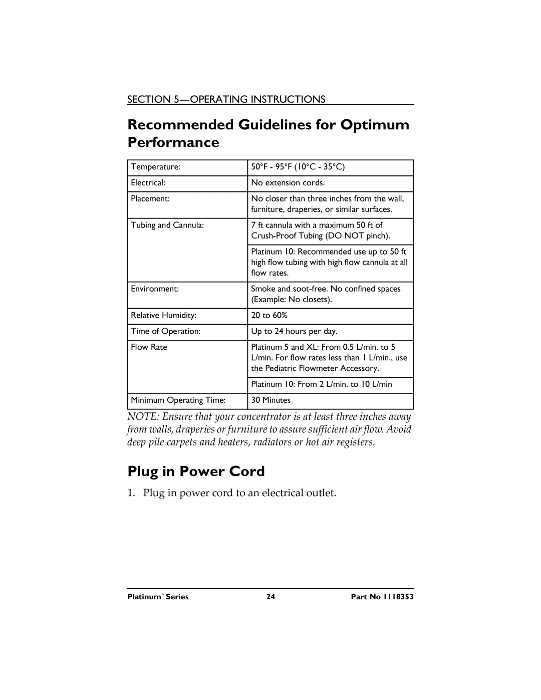 Invacare IRC5LXO2, IRC10LXO2 manual Recommended Guidelines for Optimum Performance, Plug in Power Cord 