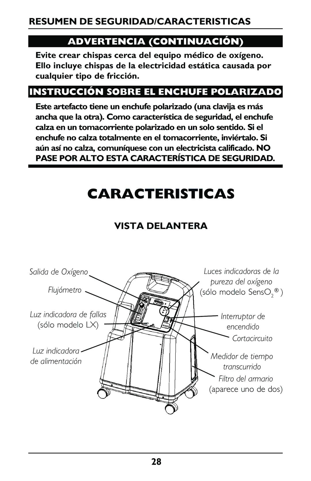 Invacare IRC5LXO2, IRC5LX manual Caracteristicas, Resumen DE SEGURIDAD/CARACTERISTICAS, Vista Delantera 