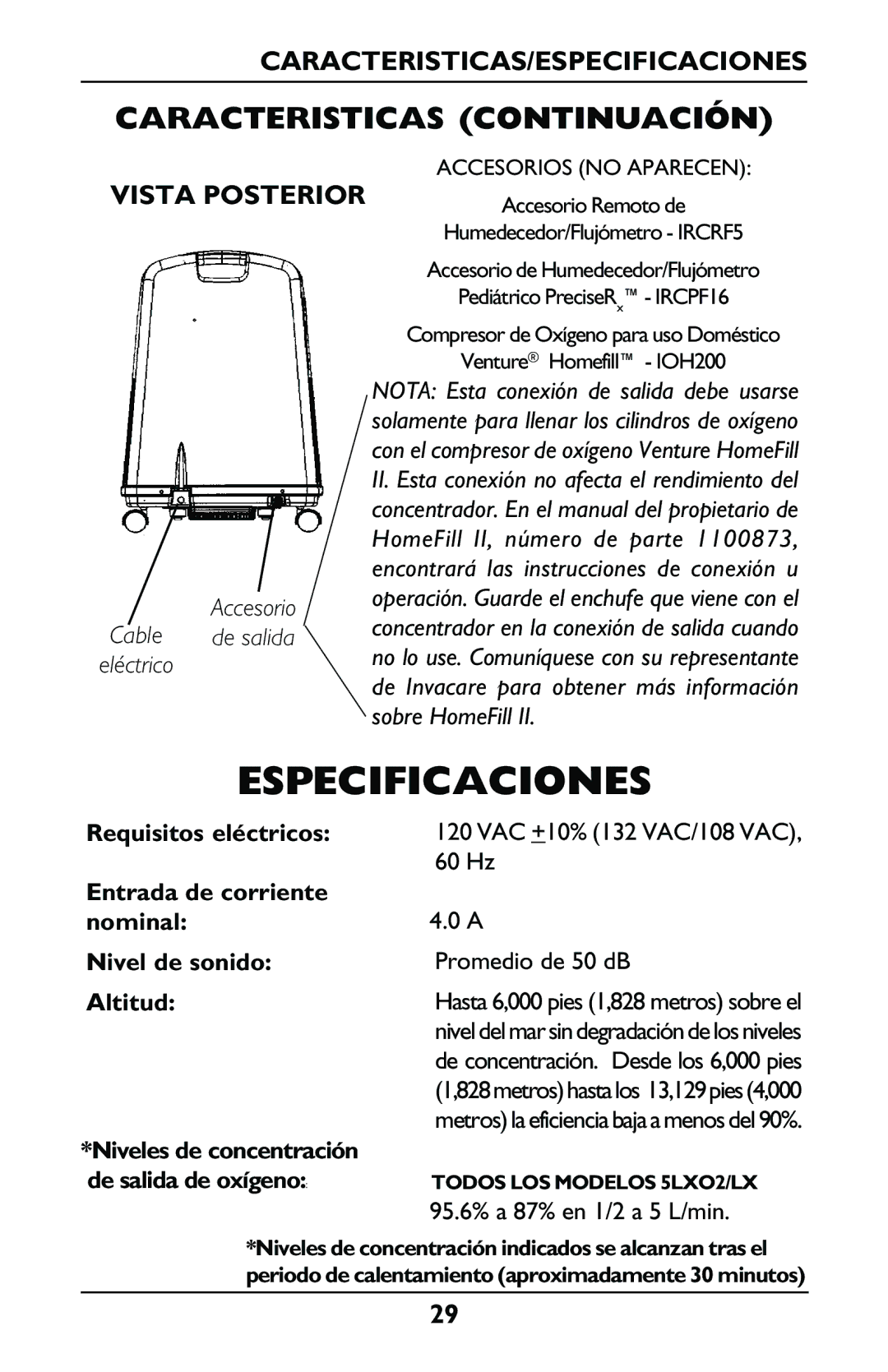 Invacare IRC5LXO2, IRC5LX manual Caracteristicas Continuación, Caracteristicas/Especificaciones, Vista Posterior 