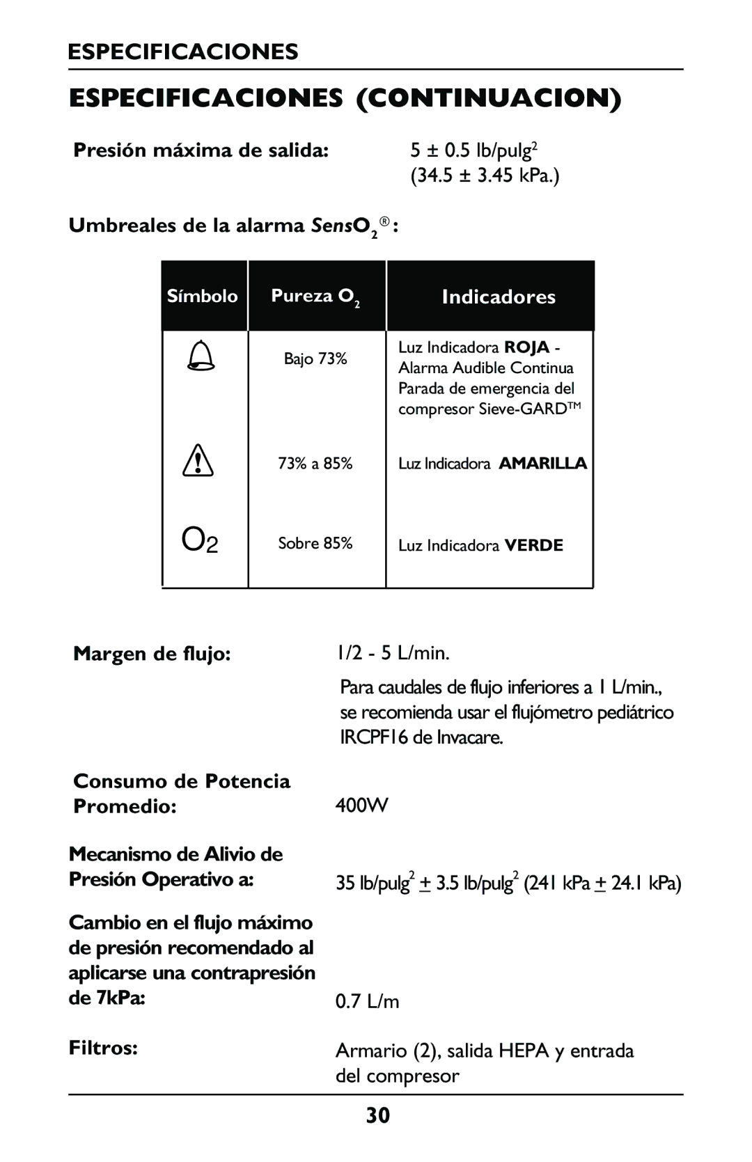 Invacare IRC5LXO2, IRC5LX manual Especificaciones Continuacion 