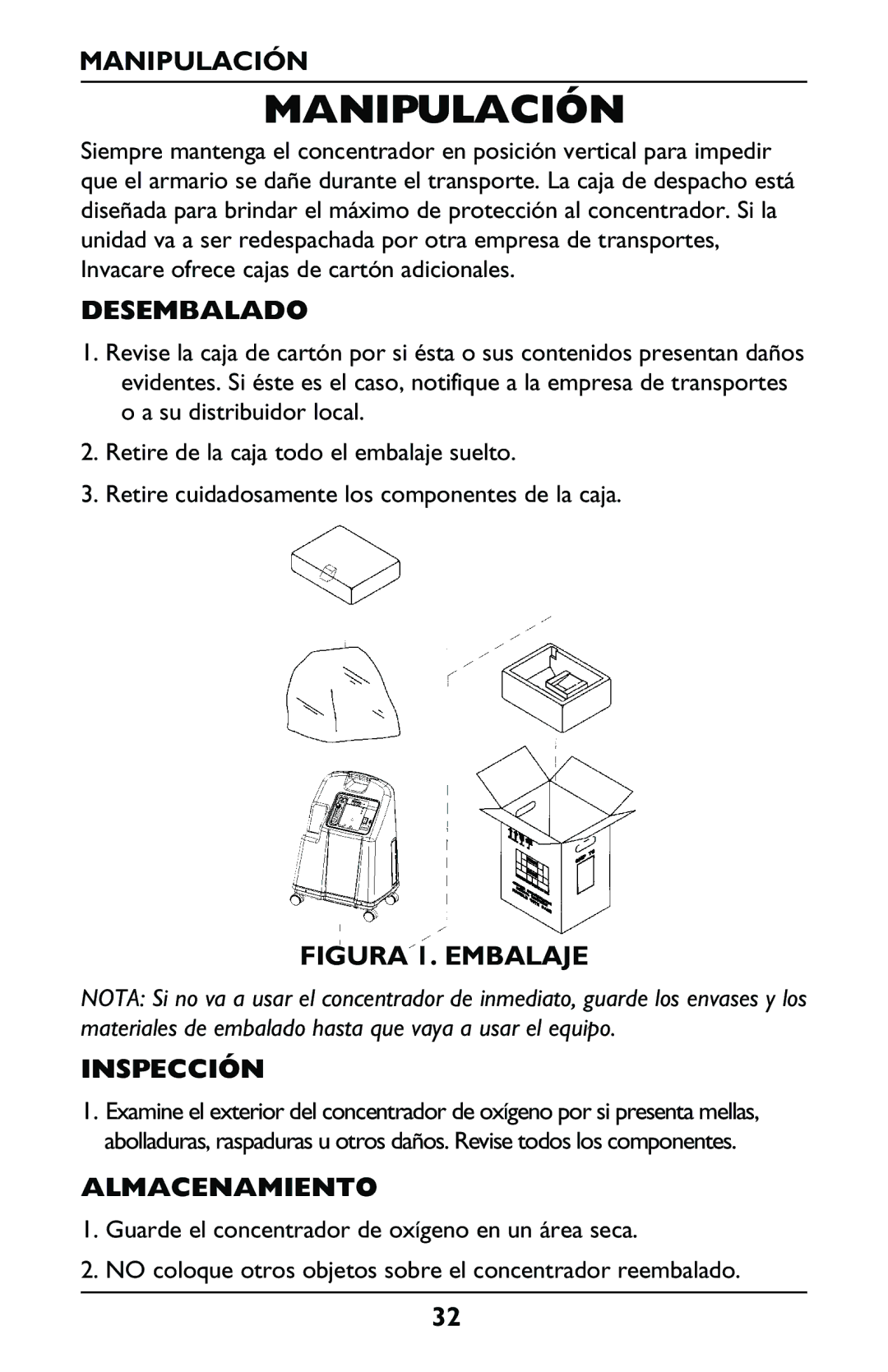 Invacare IRC5LXO2, IRC5LX manual Manipulación, Desembalado, Inspección, Almacenamiento 