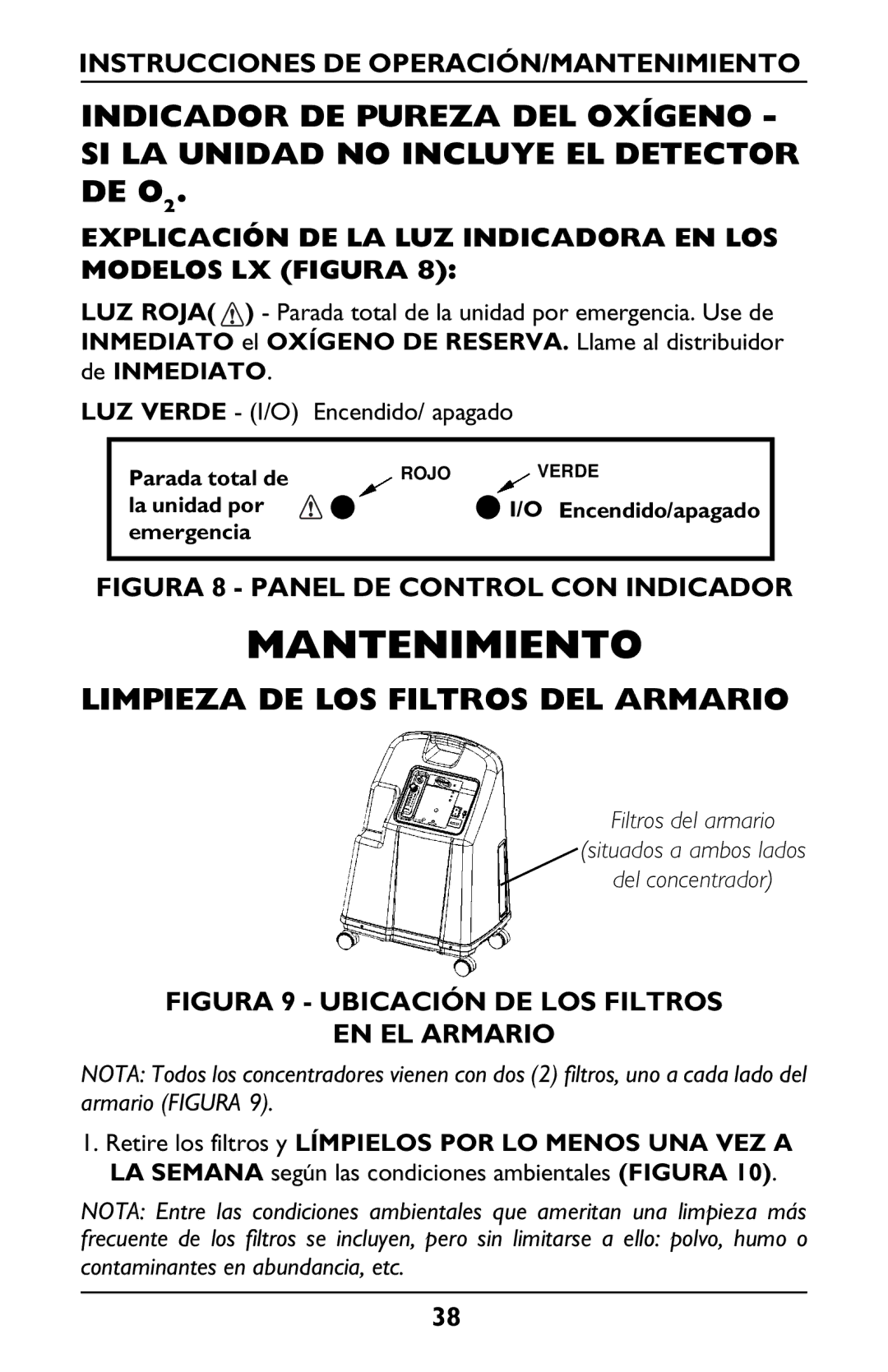 Invacare IRC5LXO2, IRC5LX Mantenimiento, Limpieza DE LOS Filtros DEL Armario, Instrucciones DE OPERACIÓN/MANTENIMIENTO 