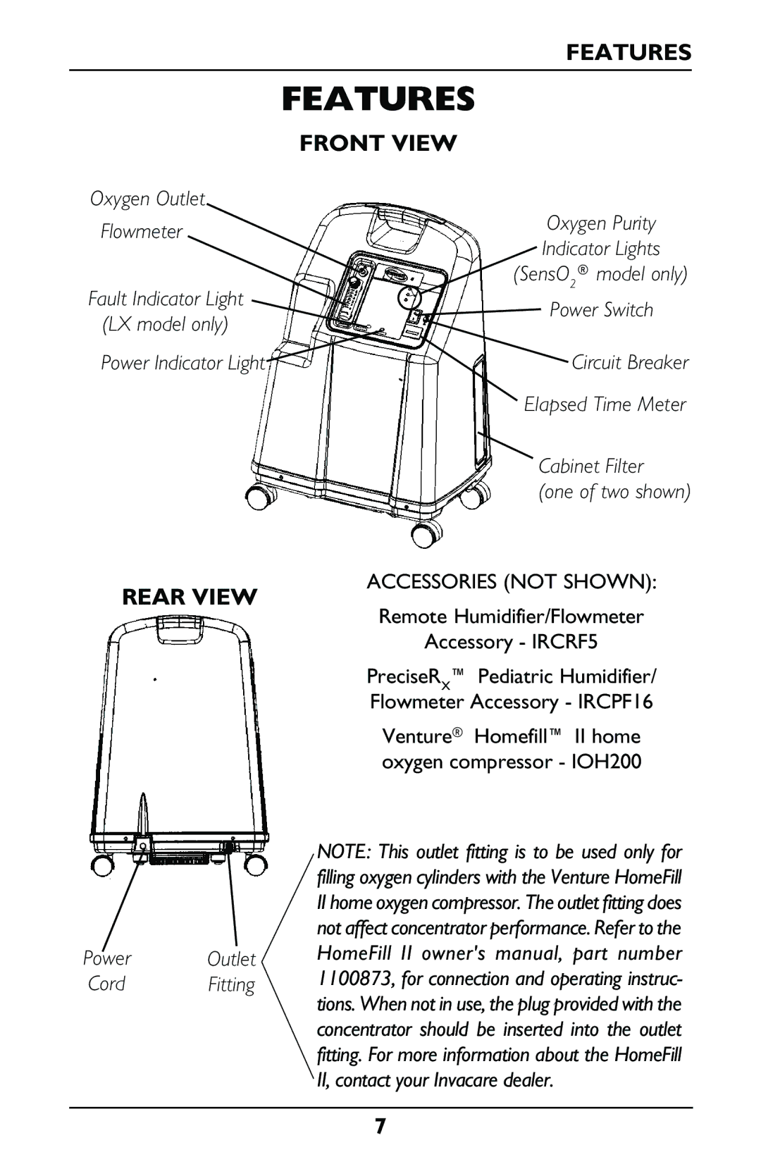 Invacare IRC5LXO2, IRC5LX manual Features, Front View, Rear View, Accessories not Shown 