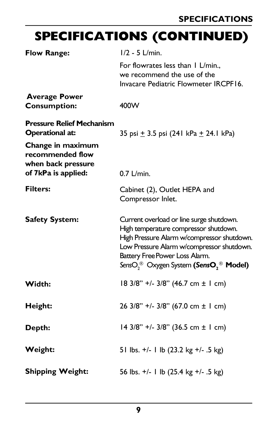 Invacare IRC5LXO2, IRC5LX manual Flow Range 