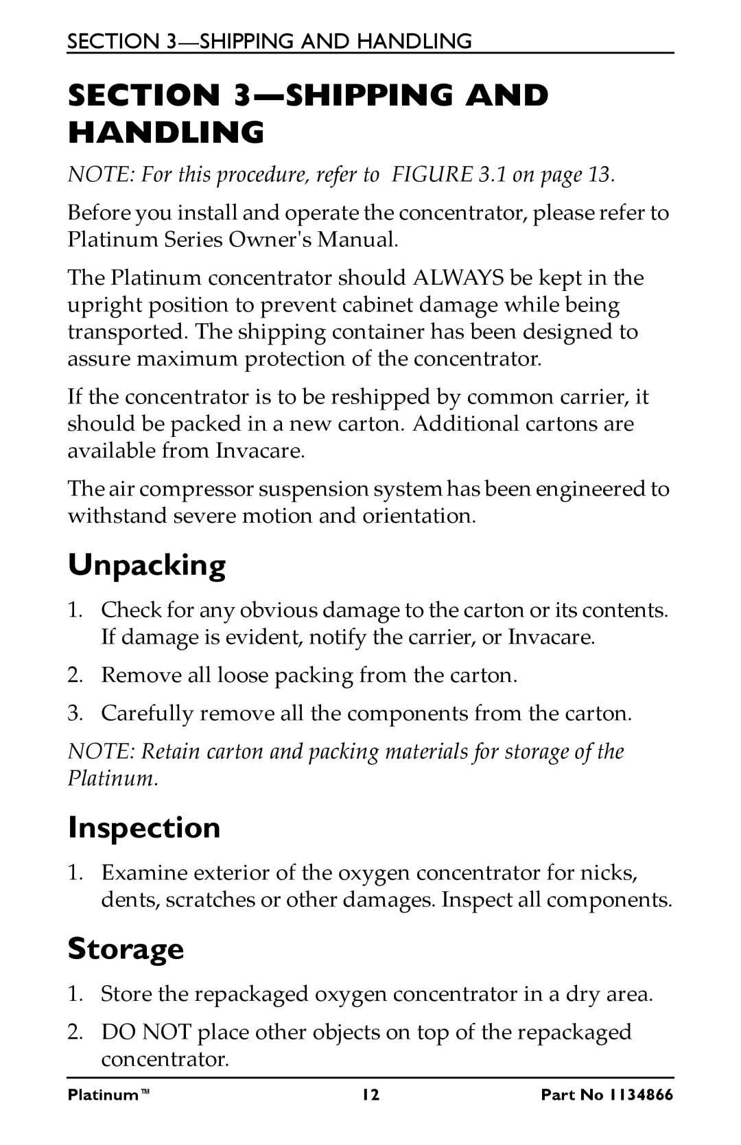 Invacare IRC5LXO2AWQ, IRC9LXO2AWQ, IRC5LXAW manual Shipping and Handling, Unpacking, Inspection, Storage 