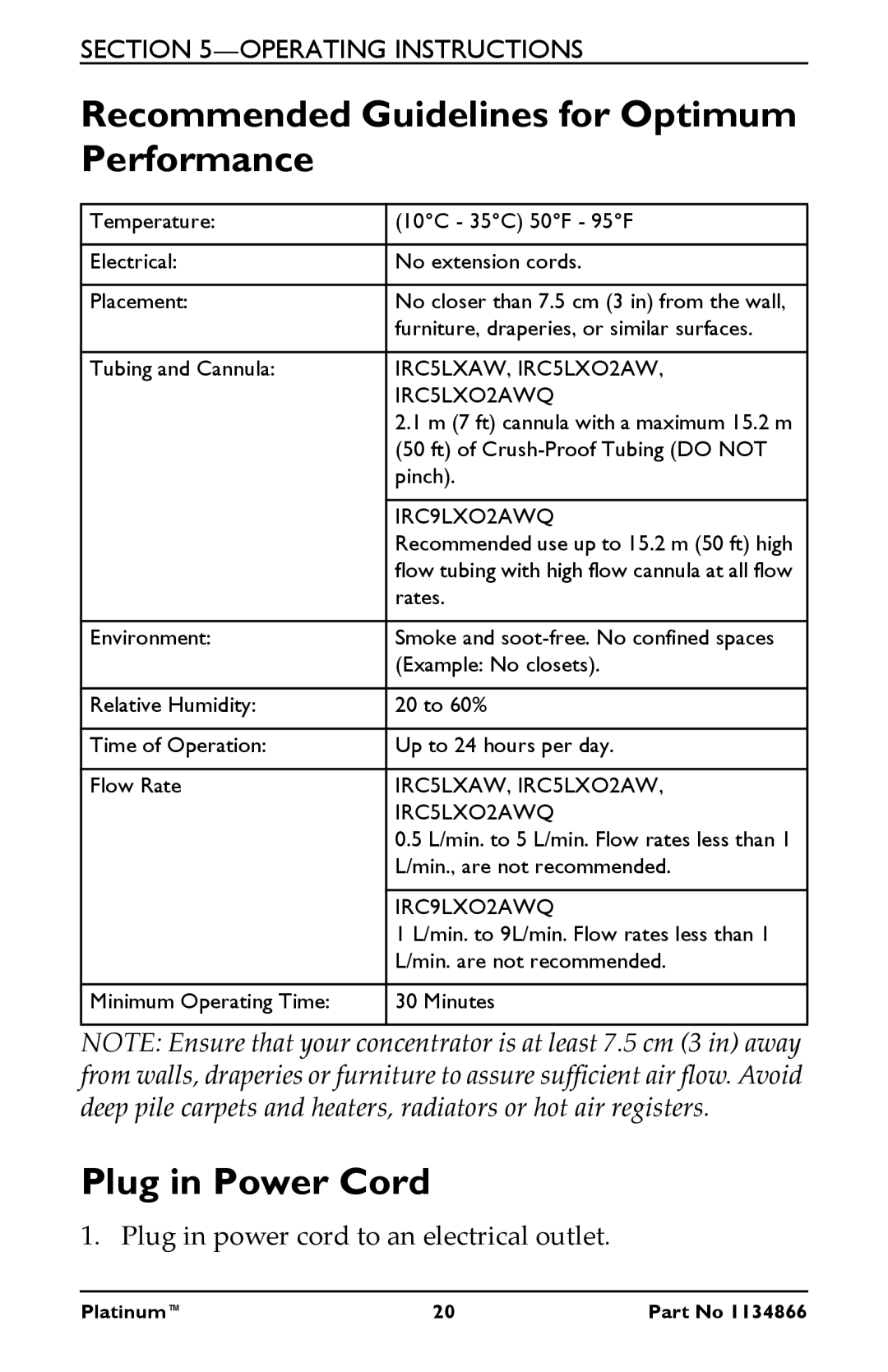 Invacare IRC5LXO2AWQ, IRC9LXO2AWQ, IRC5LXAW manual Recommended Guidelines for Optimum Performance, Plug in Power Cord 