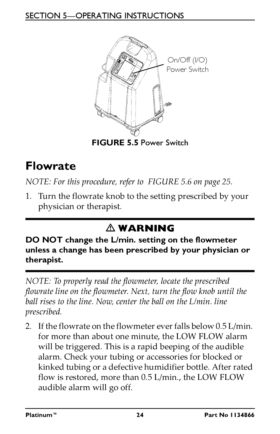 Invacare IRC5LXO2AWQ, IRC9LXO2AWQ, IRC5LXAW manual Flowrate, Power Switch 