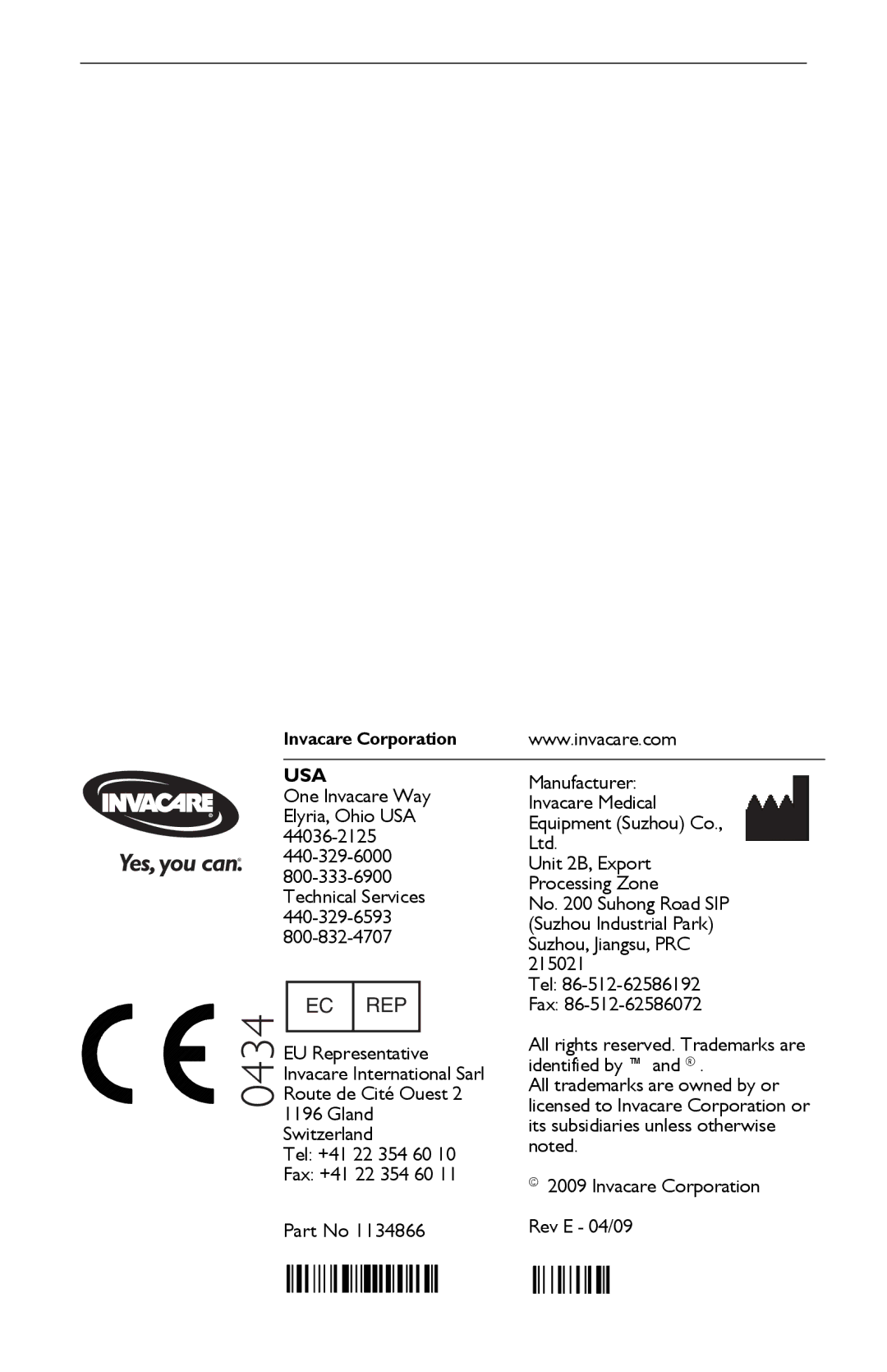 Invacare IRC5LXO2AWQ, IRC9LXO2AWQ, IRC5LXAW manual 0434 