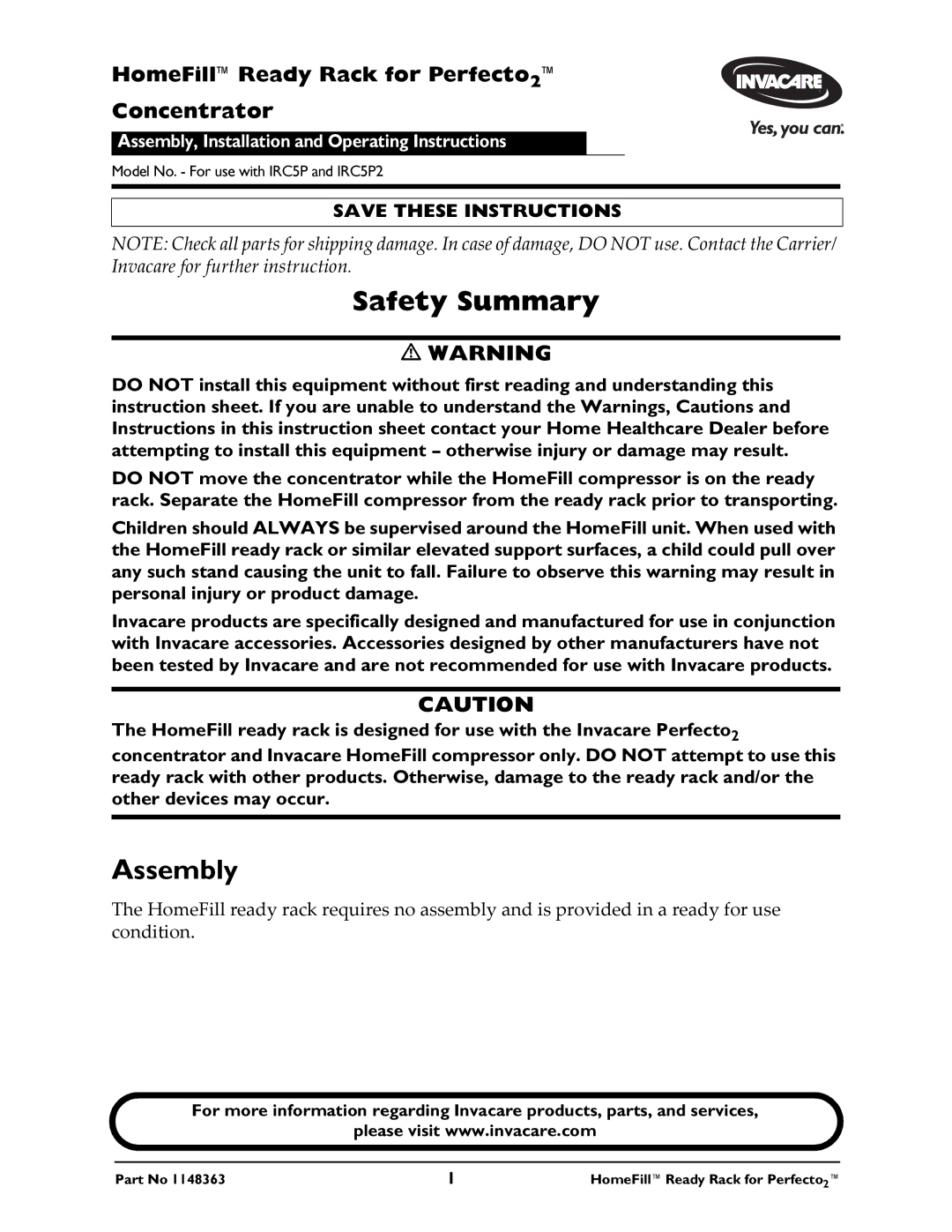 Invacare IRC5P2 instruction sheet Safety Summary, Assembly 