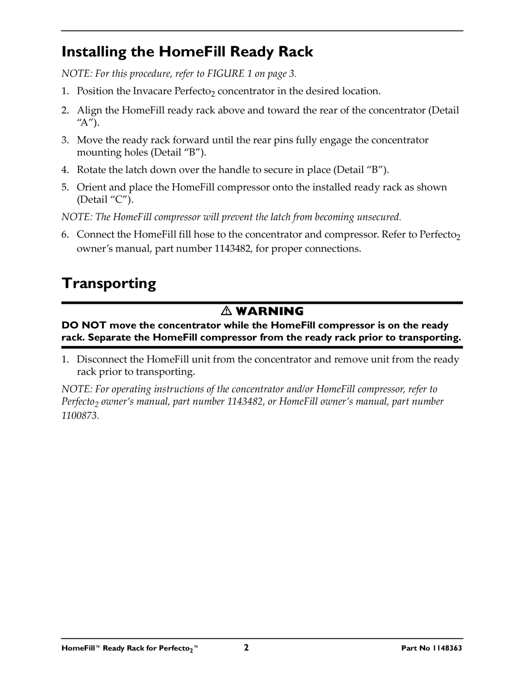 Invacare IRC5P2 instruction sheet Installing the HomeFill Ready Rack, Transporting 