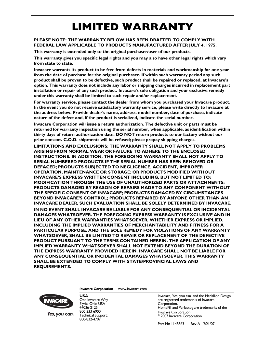 Invacare IRC5P2 instruction sheet Limited Warranty 