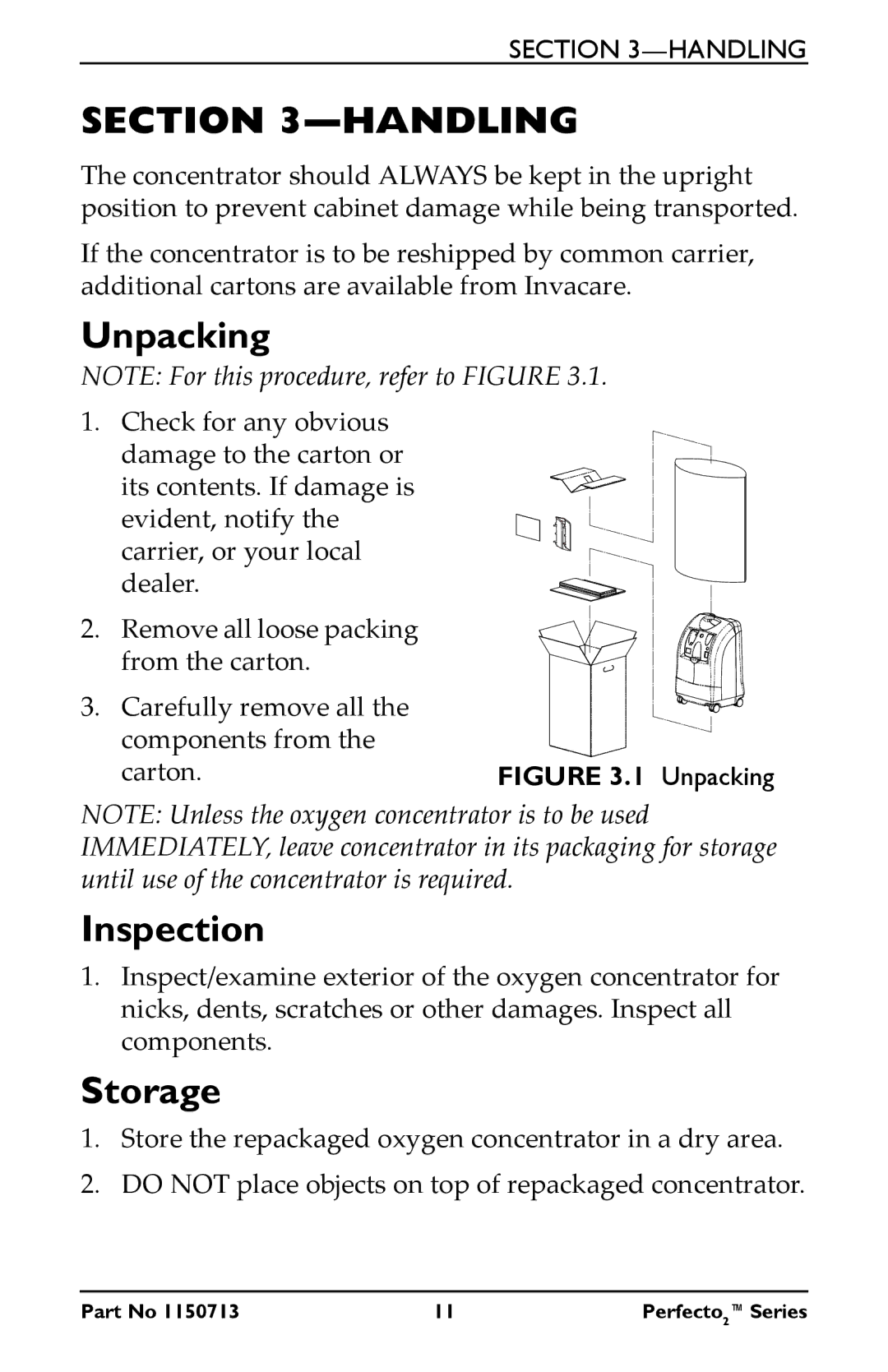 Invacare IRC5PAW, IRC5PO2AW manual Handling, Unpacking, Inspection, Storage 