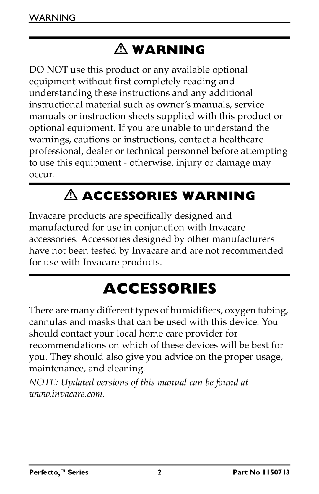 Invacare IRC5PO2AW, IRC5PAW manual Accessories Warning 