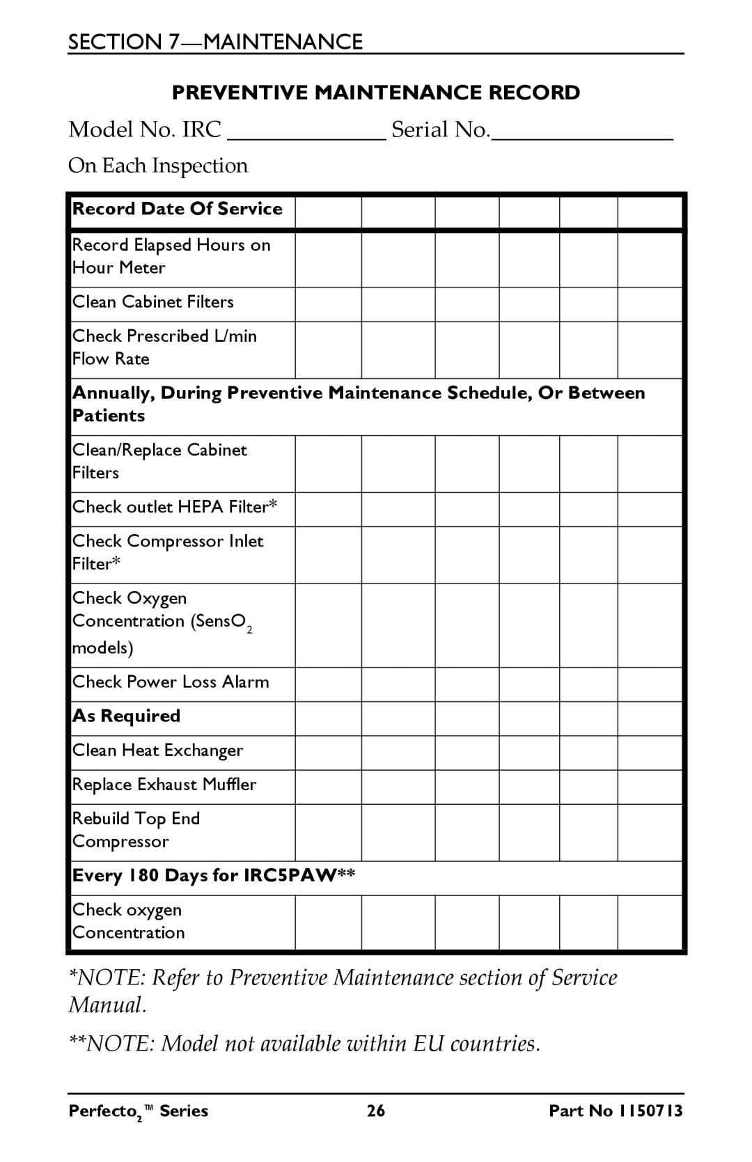 Invacare IRC5PO2AW, IRC5PAW manual Model No. IRC Serial No 