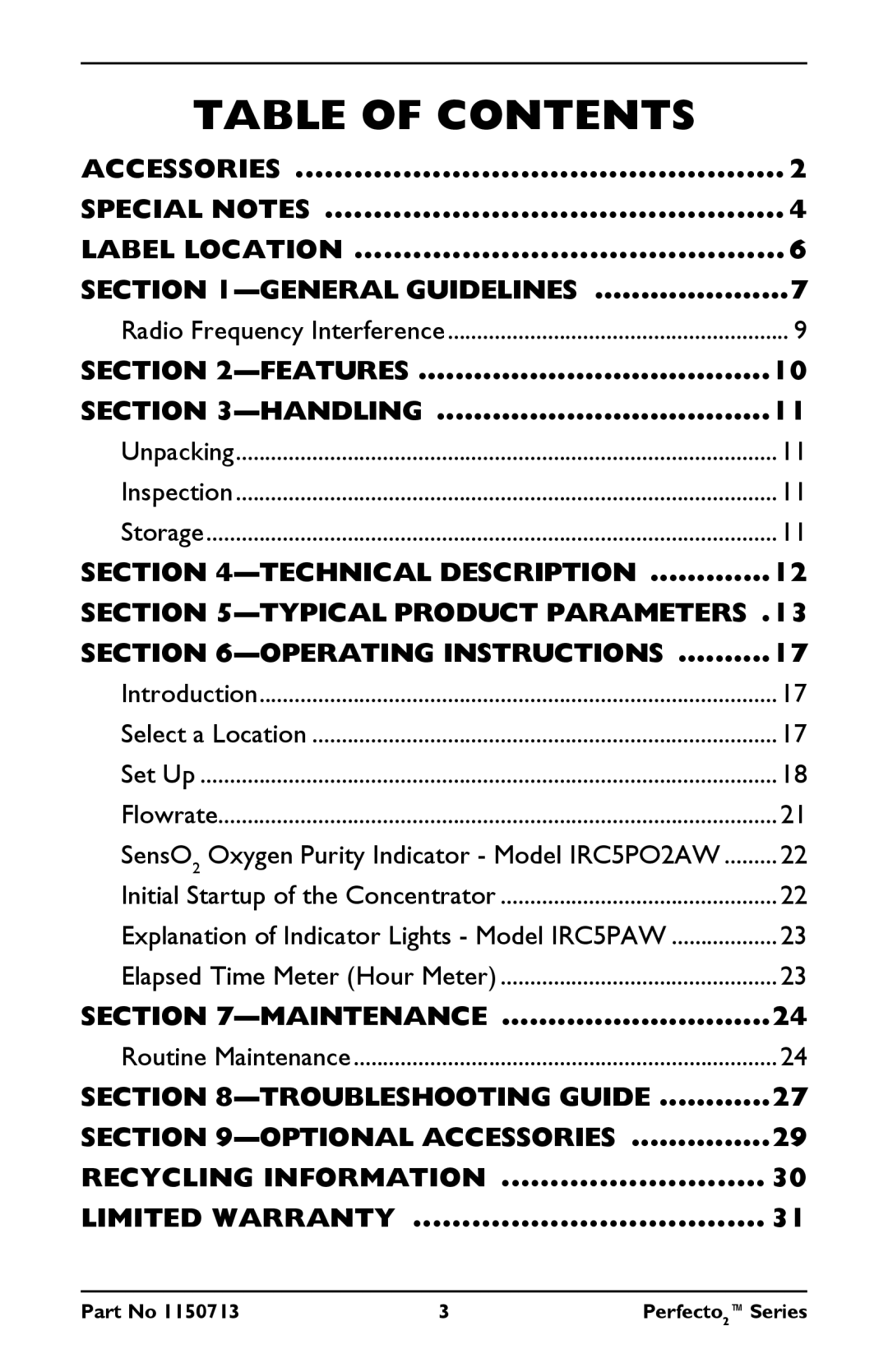 Invacare IRC5PAW, IRC5PO2AW manual Table of Contents 