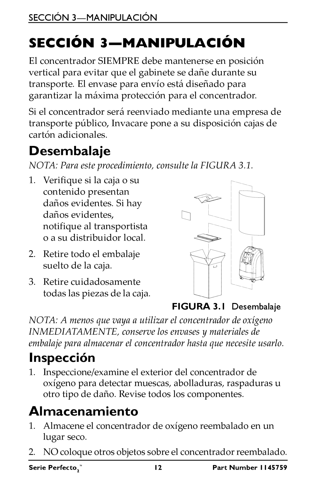 Invacare IRC5PO2W, IRC5PW manual Sección 3-MANIPULACIÓN, Desembalaje, Inspección, Almacenamiento 