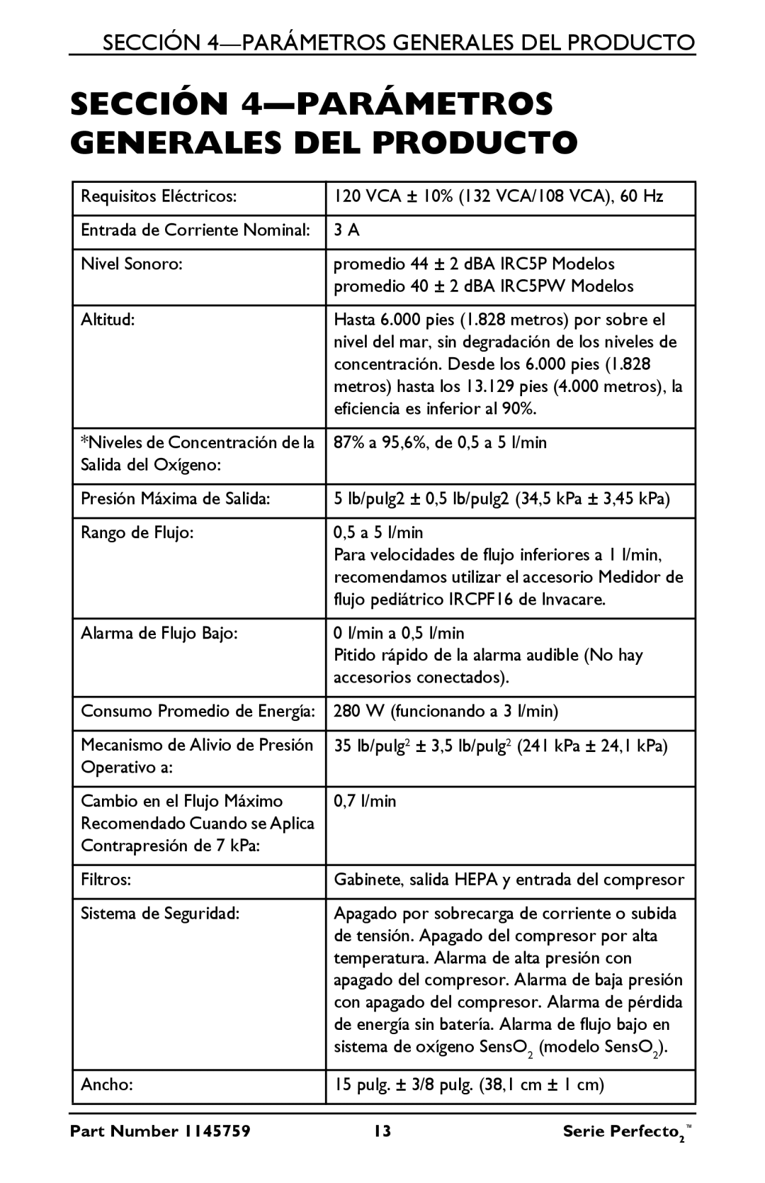 Invacare IRC5PO2W, IRC5PW manual Sección 4-PARÁMETROS Generales DEL Producto, Rango de Flujo A 5 l/min 