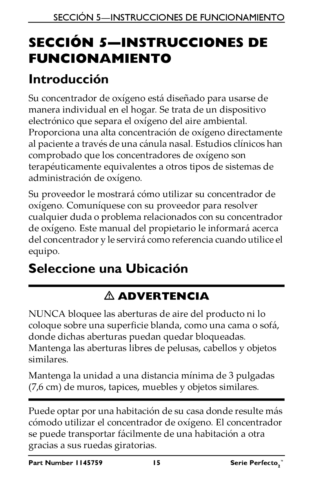 Invacare IRC5PO2W, IRC5PW manual Sección 5-INSTRUCCIONES DE Funcionamiento, Introducción, Seleccione una Ubicación 