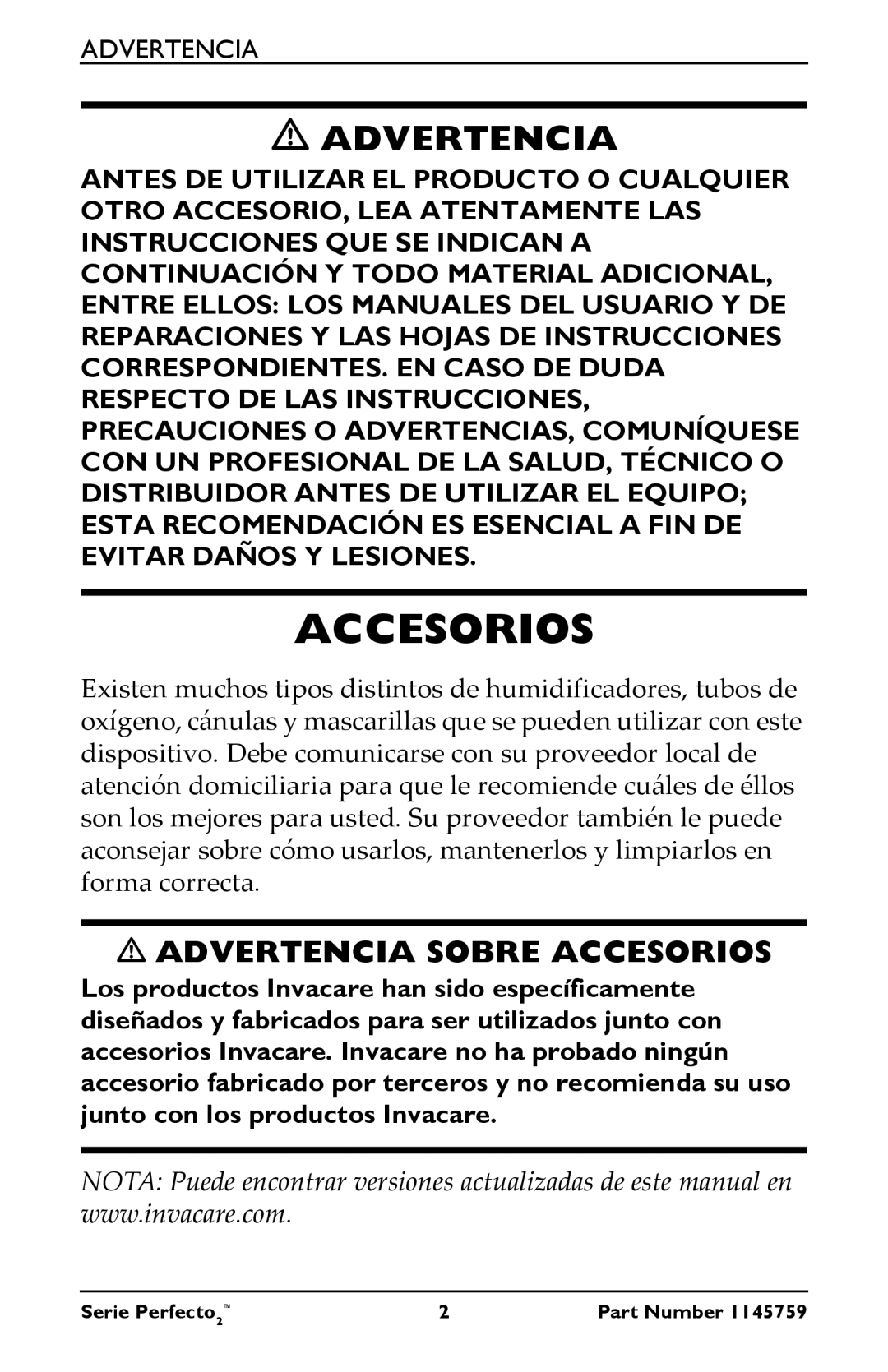 Invacare IRC5PW, IRC5PO2W manual Accesorios, Advertencia 