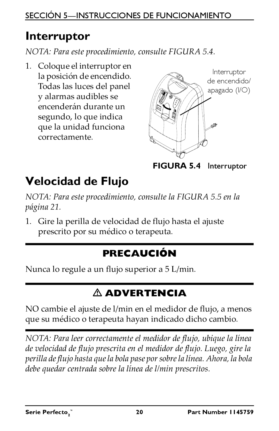 Invacare IRC5PO2W, IRC5PW manual Interruptor, Velocidad de Flujo 