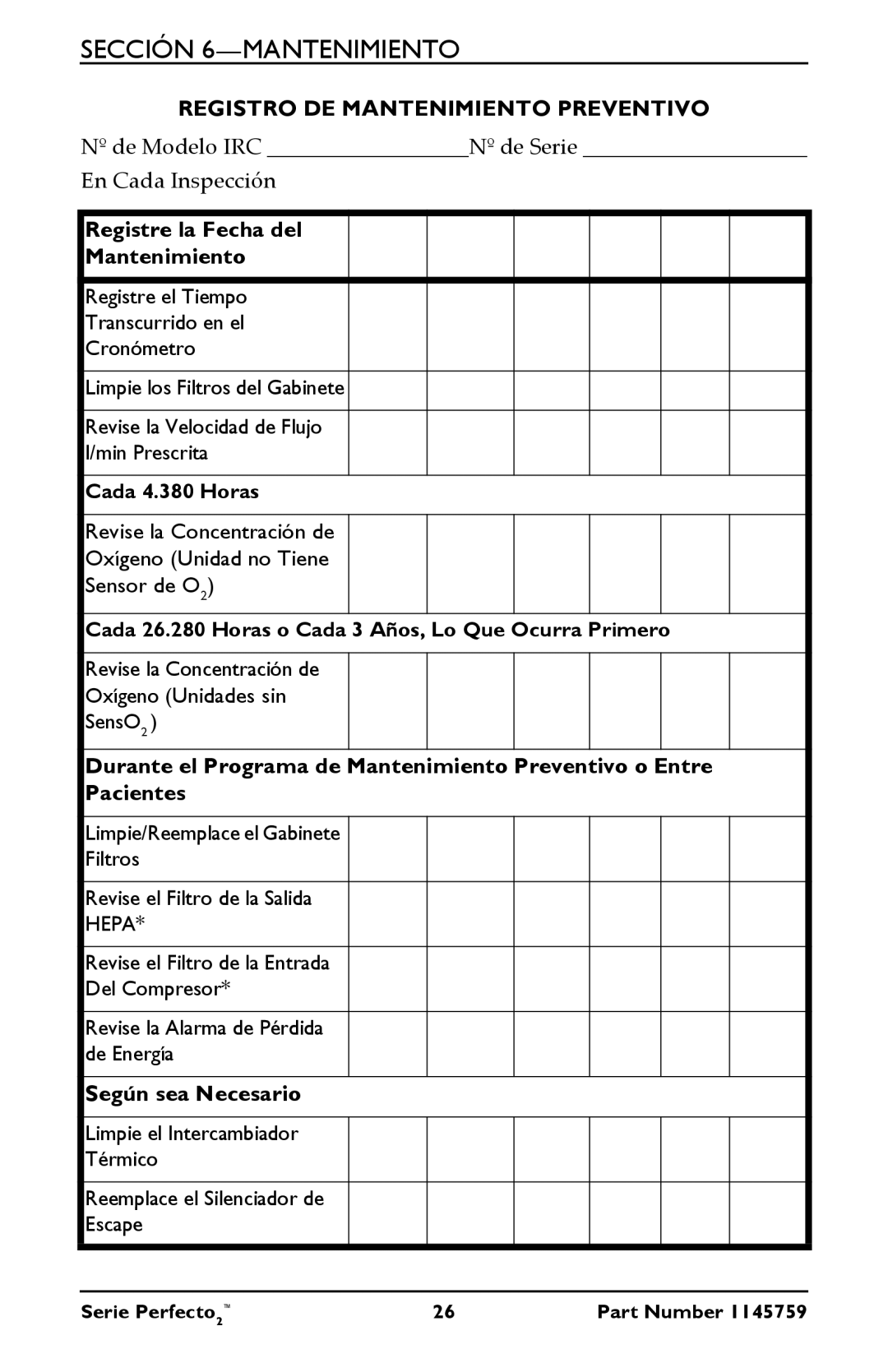 Invacare IRC5PW, IRC5PO2W manual Registro DE Mantenimiento Preventivo 