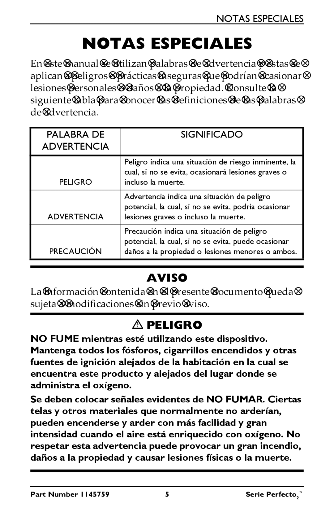 Invacare IRC5PO2W, IRC5PW manual Notas Especiales, Significado 