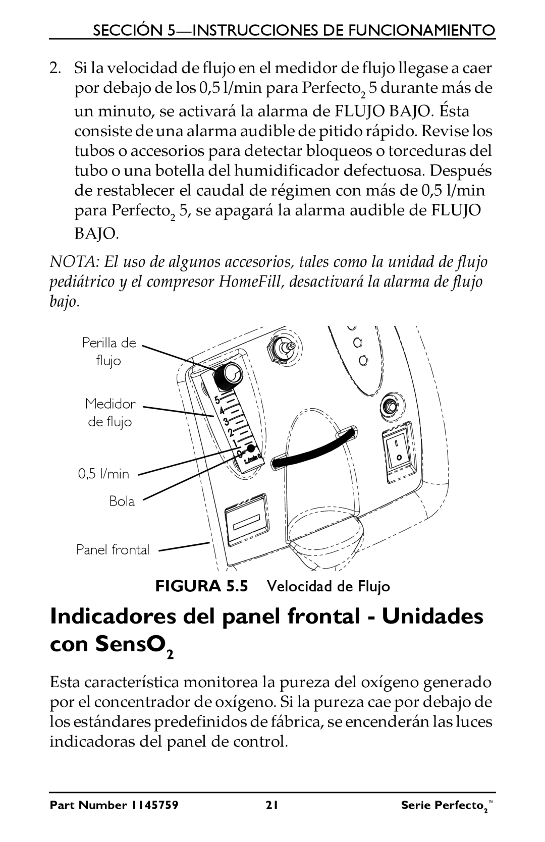 Invacare IRC5P manual Indicadores del panel frontal - Unidades con SensO2, Perilla de flujo Medidor de flujo, Panel frontal 