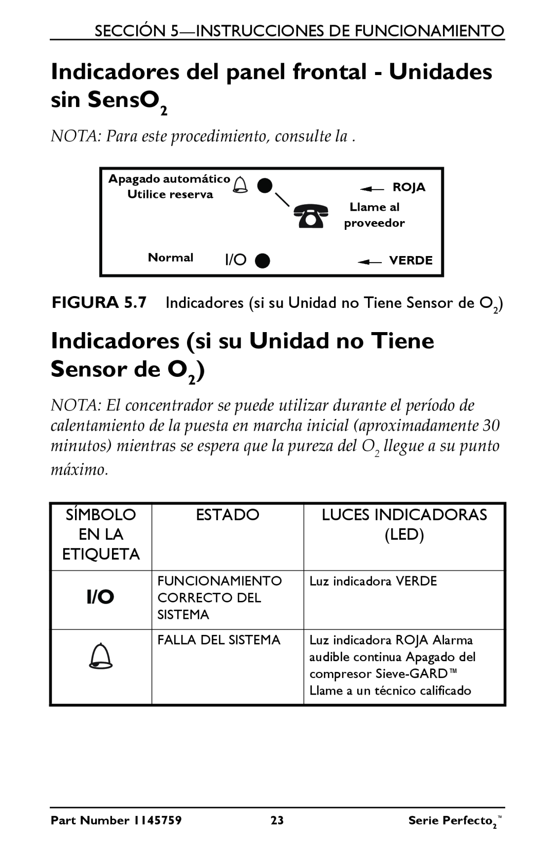 Invacare IRC5PO2 manual Indicadores del panel frontal - Unidades sin SensO2, Indicadores si su Unidad no Tiene Sensor de O2 