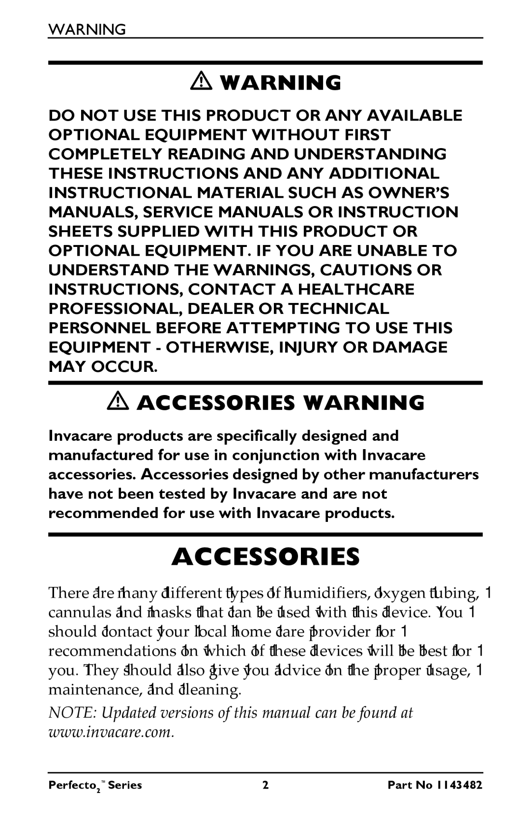 Invacare IRC5PO2W, IRC5PO2V user manual Accessories Warning 