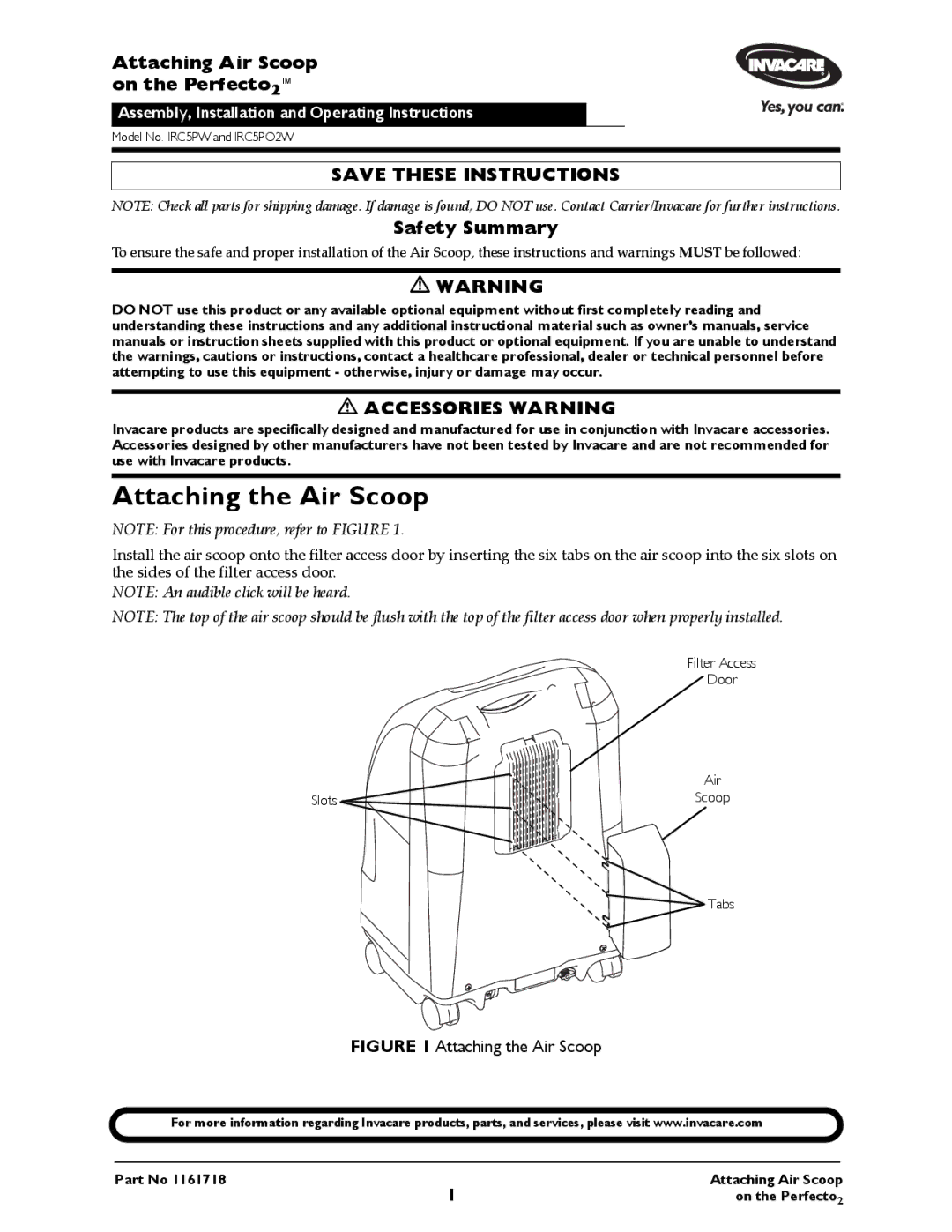 Invacare IRC5PO2W owner manual Attaching the Air Scoop, Attaching Air Scoop on the Perfecto2, Safety Summary 