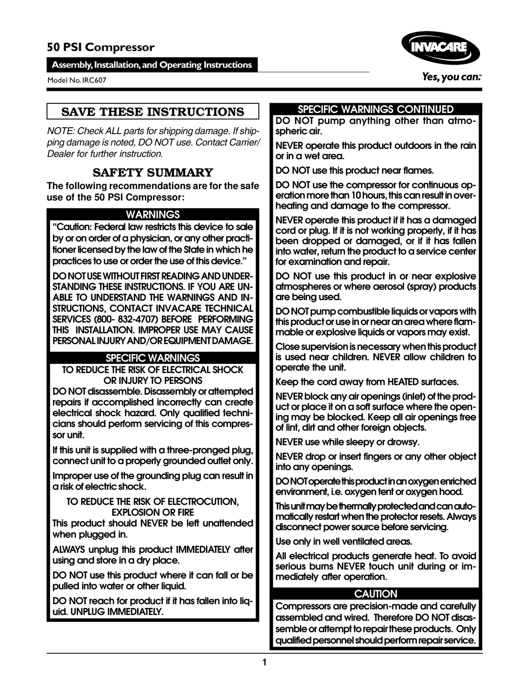 Invacare IRC607 operating instructions Safety Summary, Specific Warnings, Or Injury to Persons 