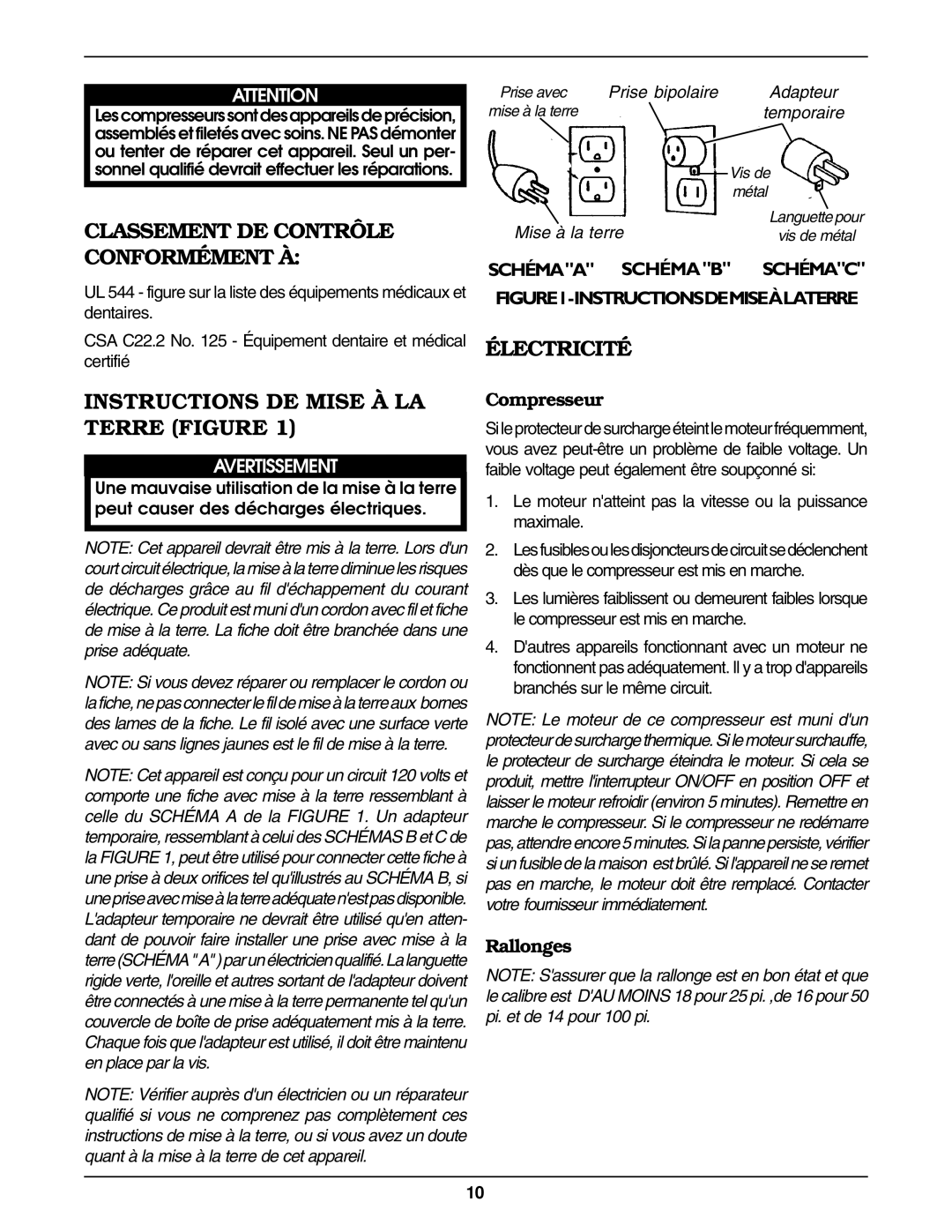 Invacare IRC607 Instructions DE Mise À LA Terre Figure, Électricité, Avertissement, Compresseur, Rallonges 