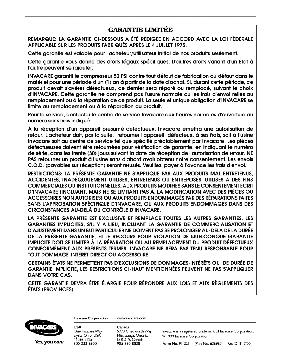 Invacare IRC607 operating instructions Garantie Limitée 