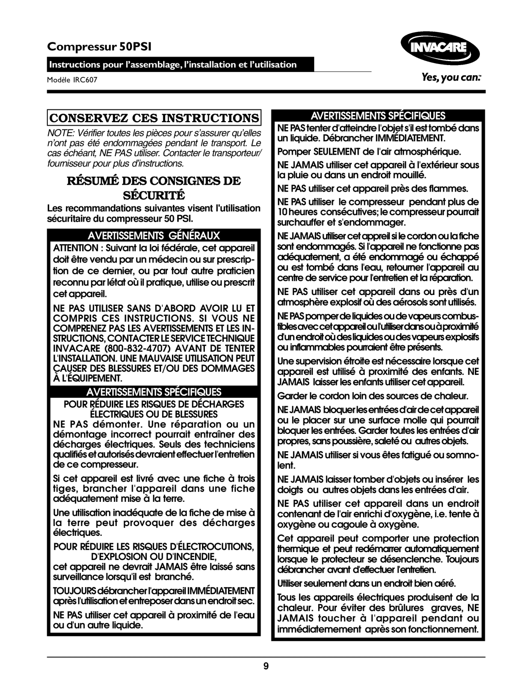 Invacare IRC607 operating instructions Conservez CES Instructions Résumé DES Consignes DE Sécurité, Avertissements Généraux 