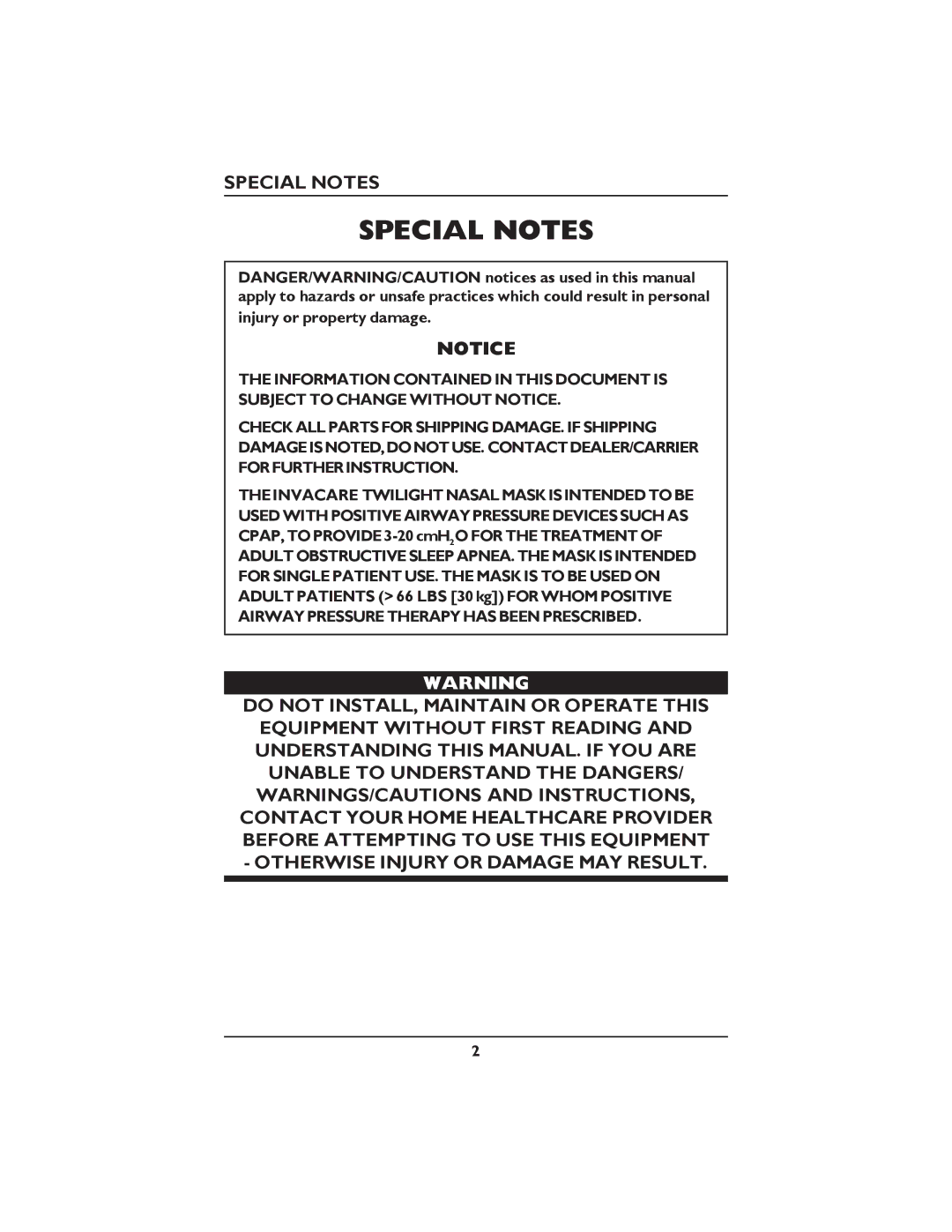 Invacare ISP2000 operating instructions Special Notes 