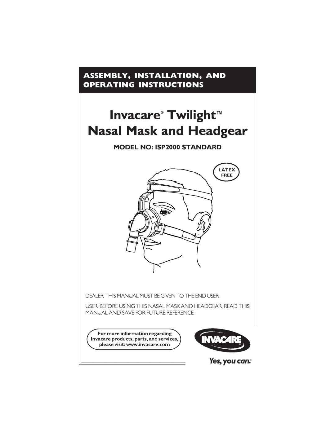Invacare ISP2000 operating instructions Invacare Twilight Nasal Mask and Headgear, Latex Free 