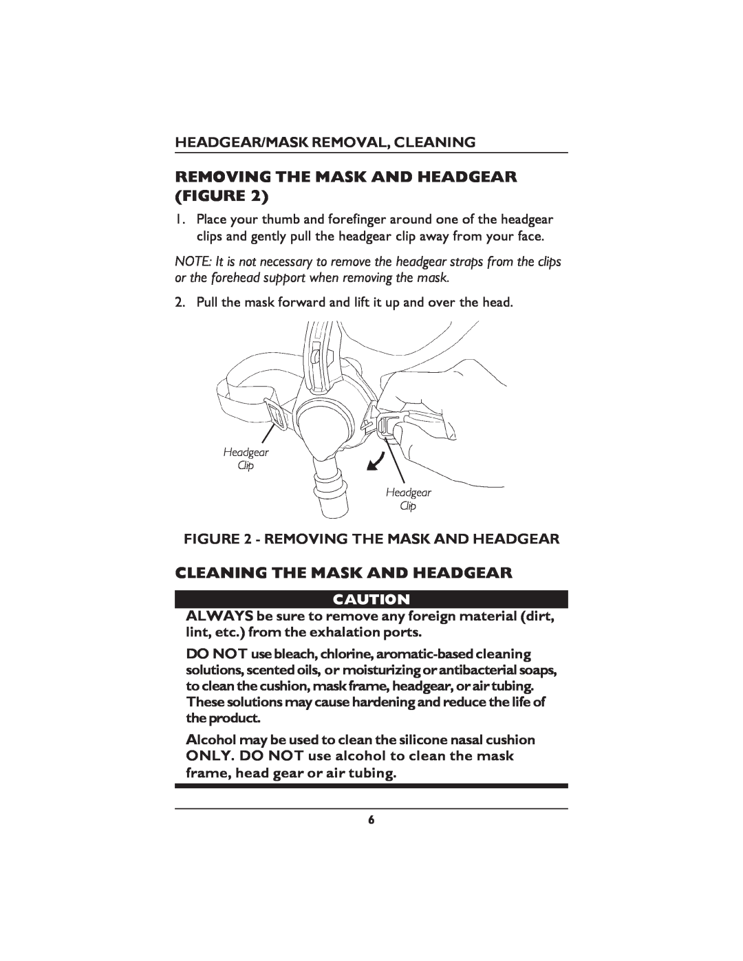 Invacare ISP2000 operating instructions Removing The Mask And Headgear Figure, Cleaning The Mask And Headgear 