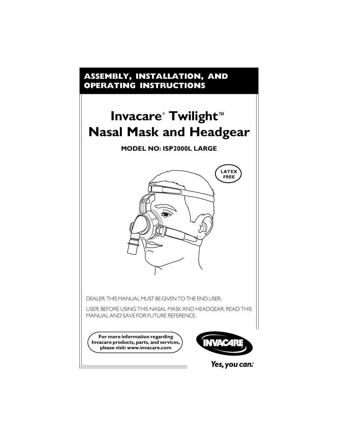 Invacare operating instructions Invacare Twilight Nasal Mask and Headgear, Model no ISP2000L Large 