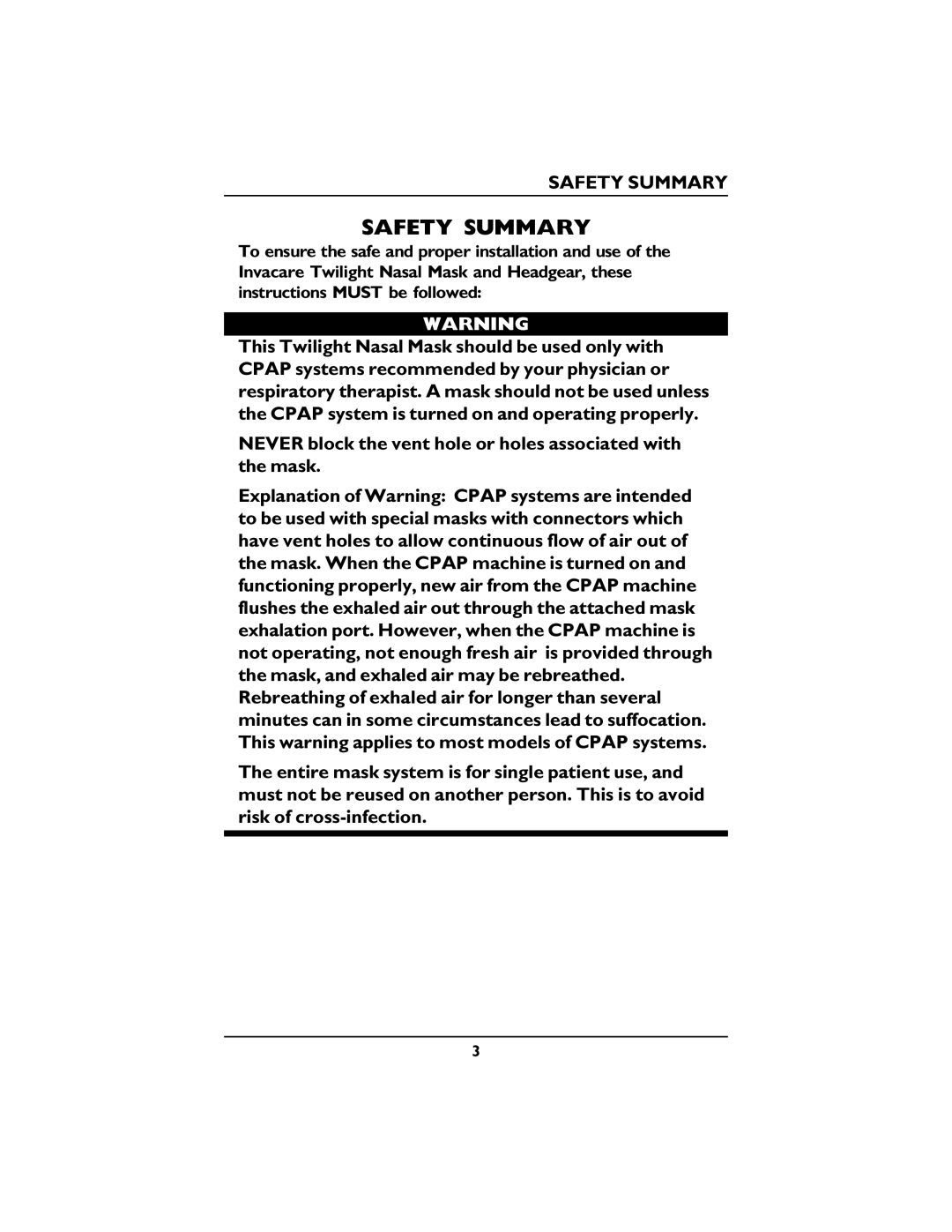 Invacare ISP2000L operating instructions Safety Summary 